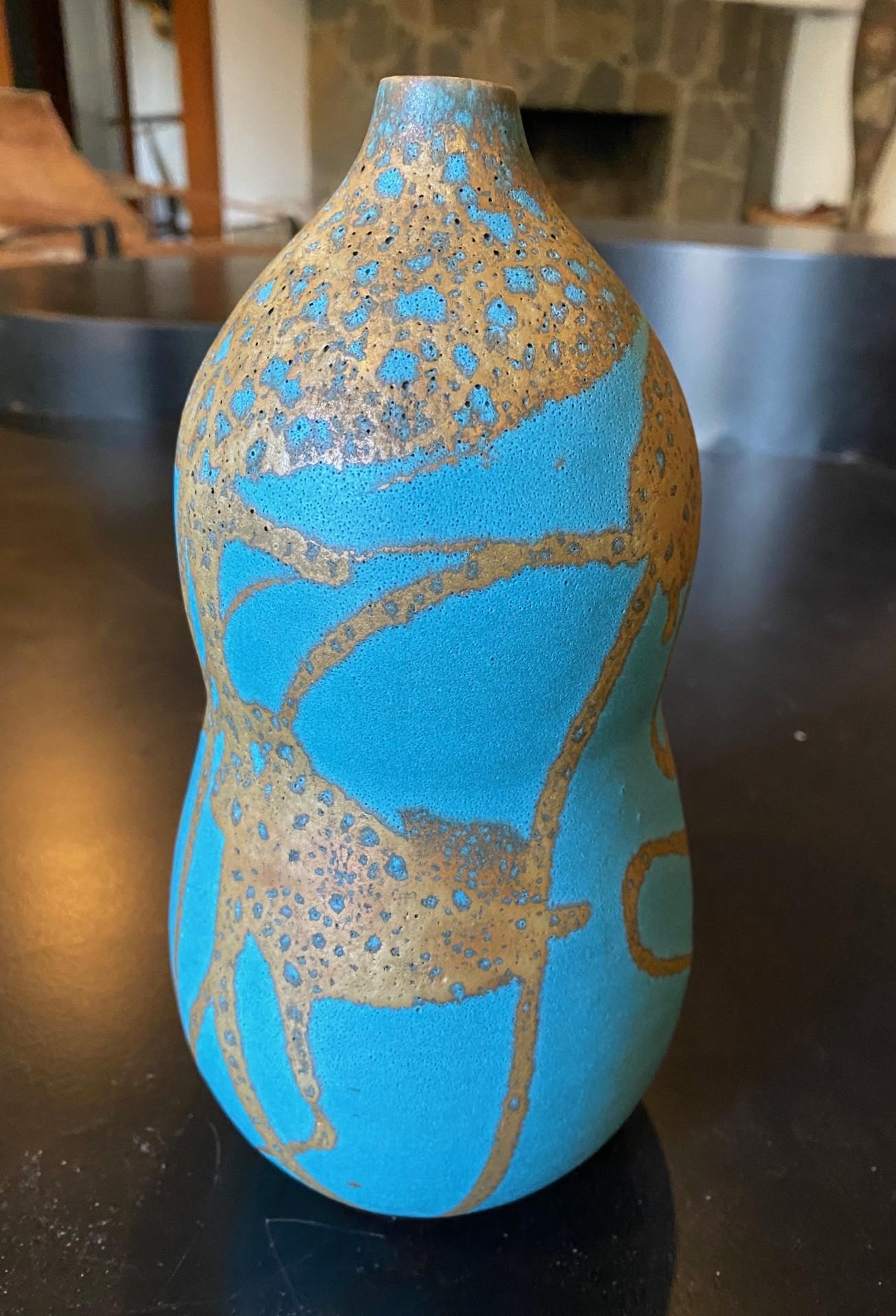 Cotto in fornace Hiroaki Taimei Morino Firmato Vaso d'arte a doppia zucca in ceramica giapponese Scatola originale