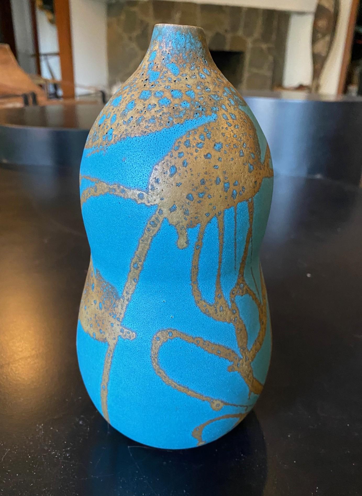 Hiroaki Taimei Morino Firmato Vaso d'arte a doppia zucca in ceramica giapponese Scatola originale In condizioni buone a Studio City, CA