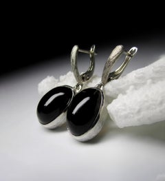 Morion Quartz Scratched Silver Earrings Cabochon Oval Onyx Black Color Gemstone