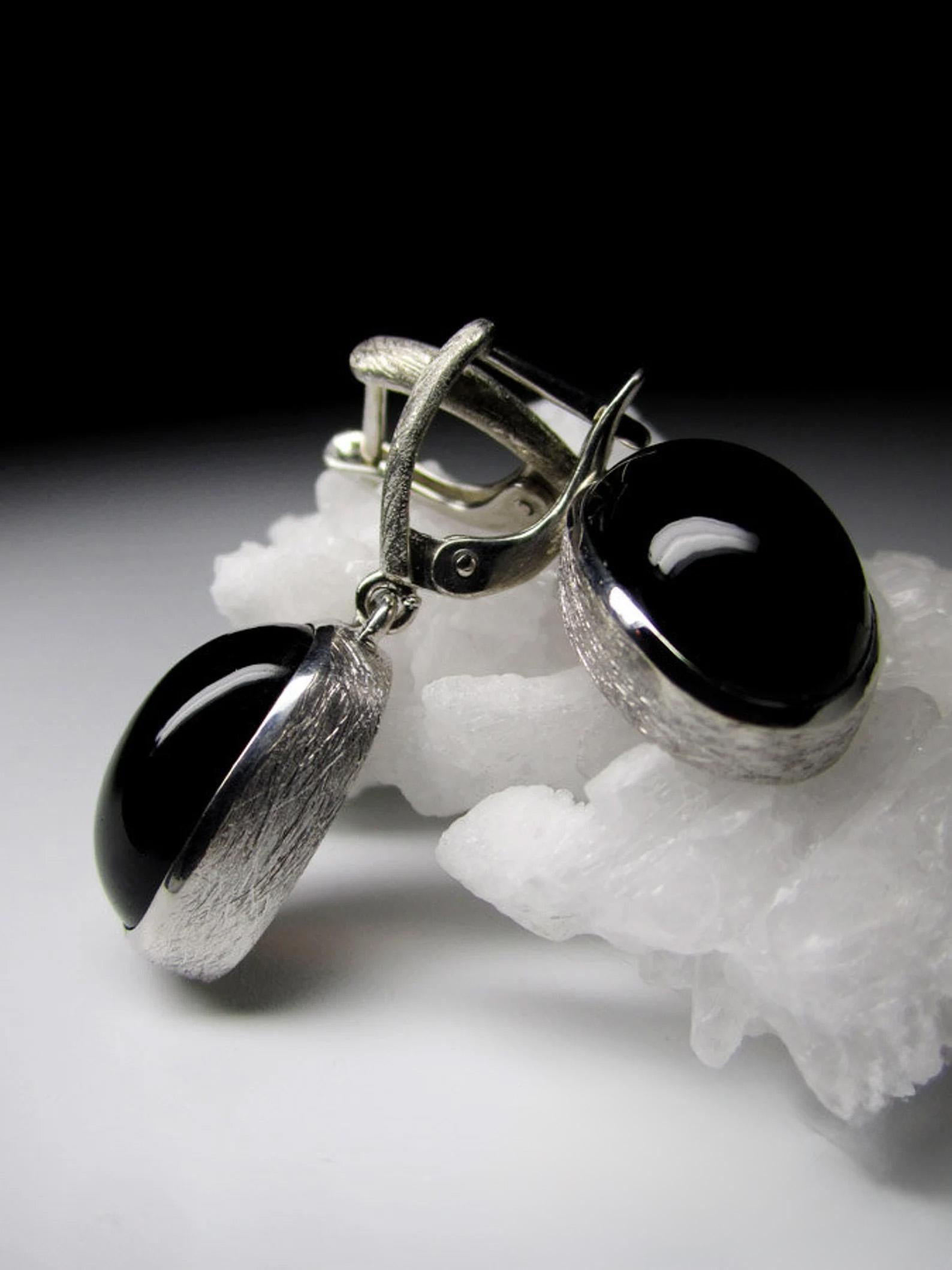 Artist Morion Quartz Scratched Silver Earrings Cabochon Oval Onyx Black Color Gemstone  For Sale