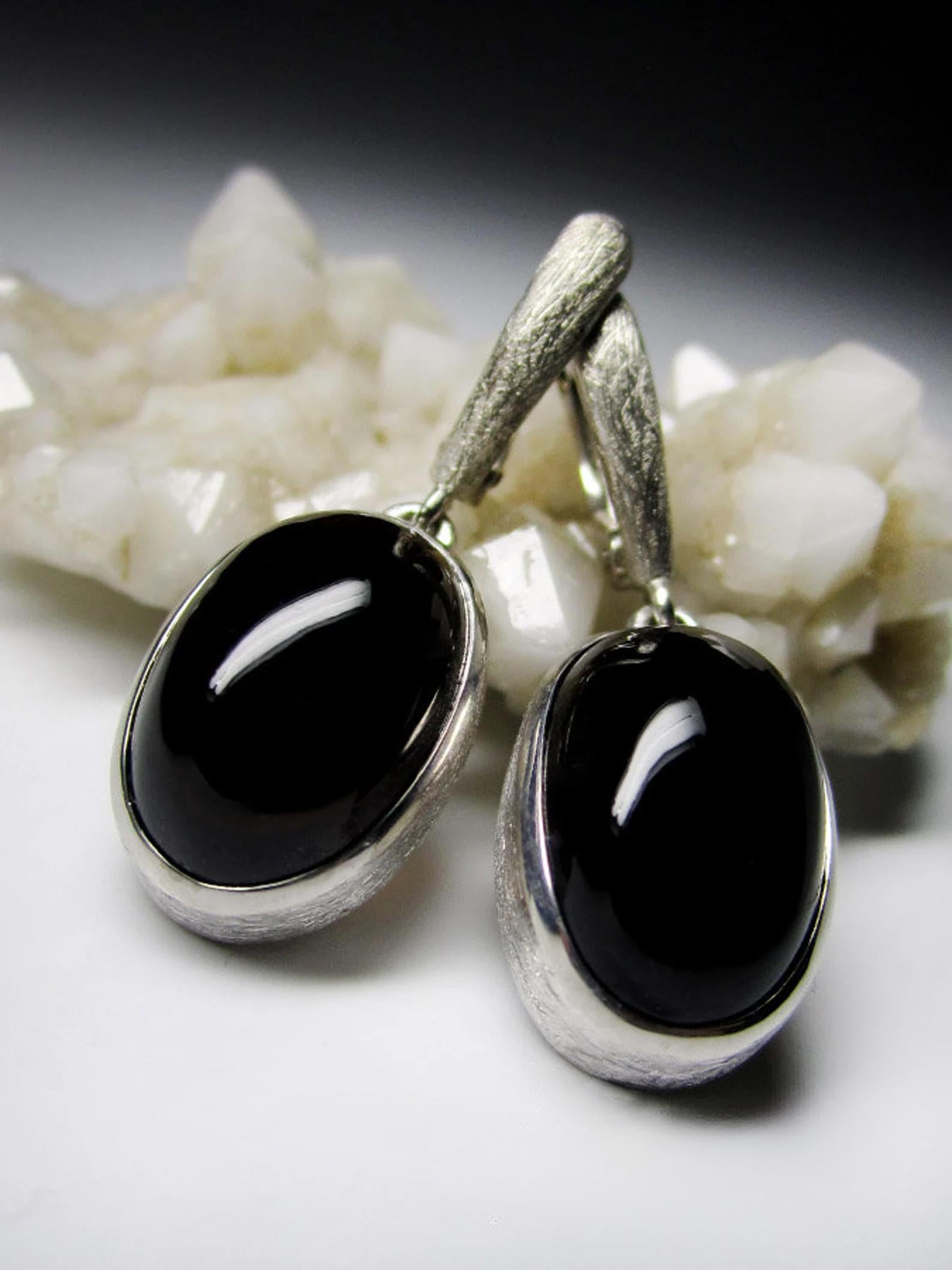 Morion Quartz Scratched Silver Earrings Cabochon Oval Onyx Black Color Gemstone  In New Condition For Sale In Berlin, DE
