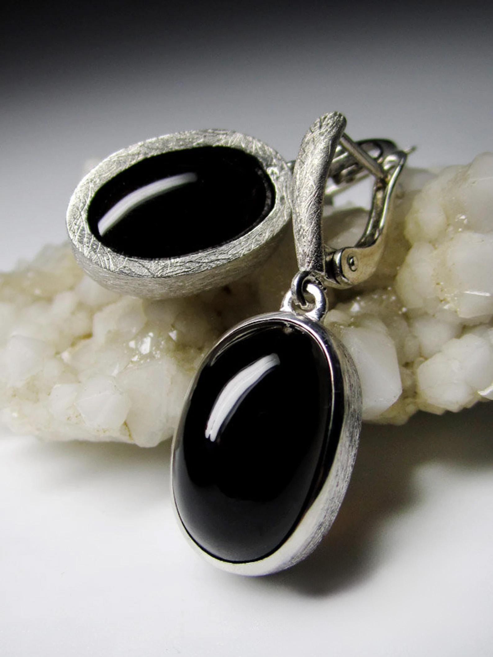 Women's or Men's Morion Quartz Scratched Silver Earrings Cabochon Oval Onyx Black Color Gemstone  For Sale