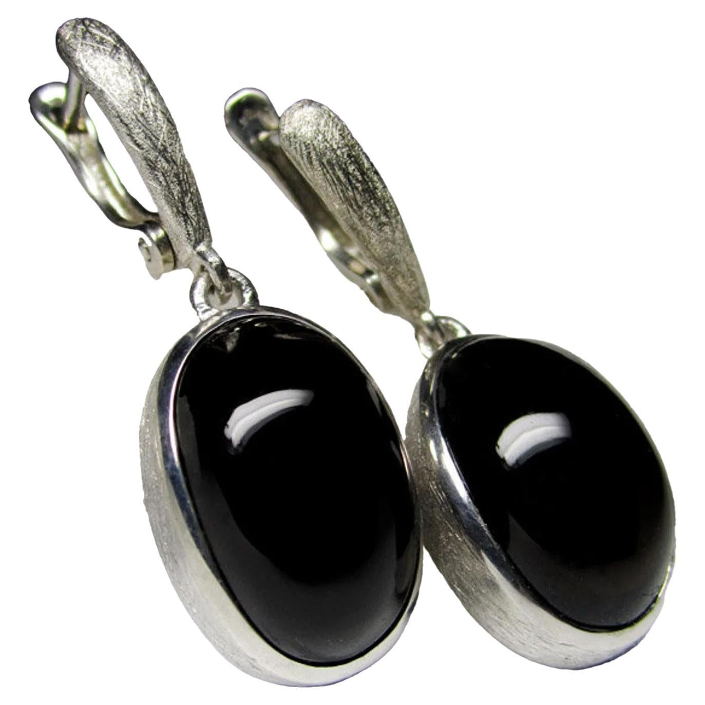 Morion Quartz Scratched Silver Earrings Cabochon Oval Onyx Black Color Gemstone  For Sale