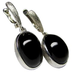 Morion Quartz Scratched Silver Earrings Cabochon Oval Onyx Black Color Gemstone 