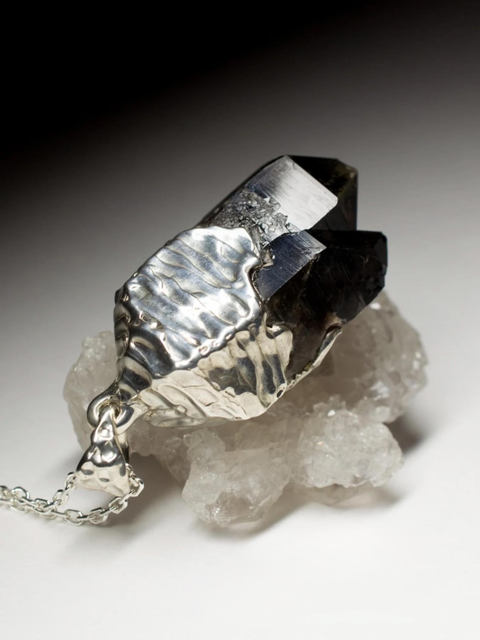 Artist Morion Silver Pendant Natural Raw Black Quartz Crystal Gemstone Mens Jewelry