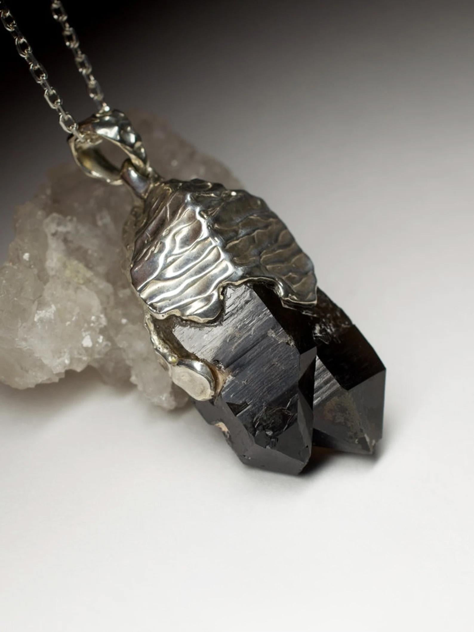 Uncut Morion Silver Pendant Natural Raw Black Quartz Crystal Gemstone Mens Jewelry