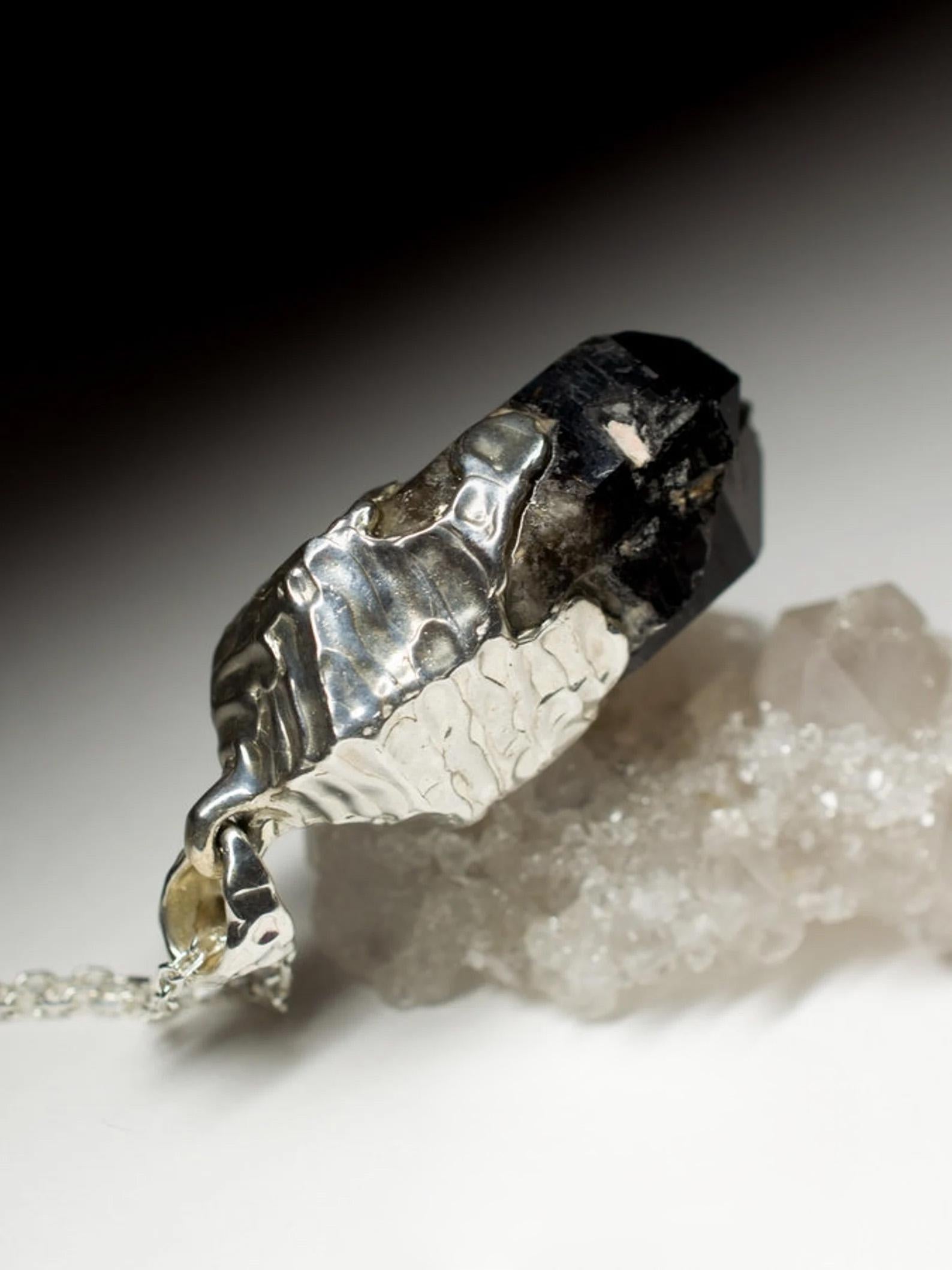 Morion Silver Pendant Natural Raw Black Quartz Crystal Gemstone Mens Jewelry In New Condition In Berlin, DE