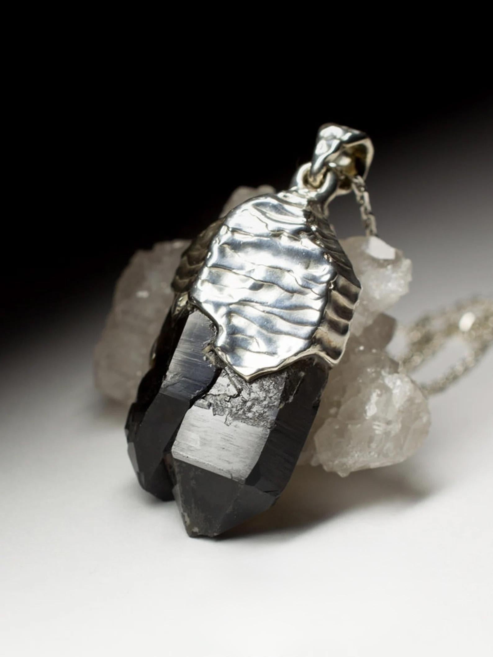 Women's or Men's Morion Silver Pendant Natural Raw Black Quartz Crystal Gemstone Mens Jewelry