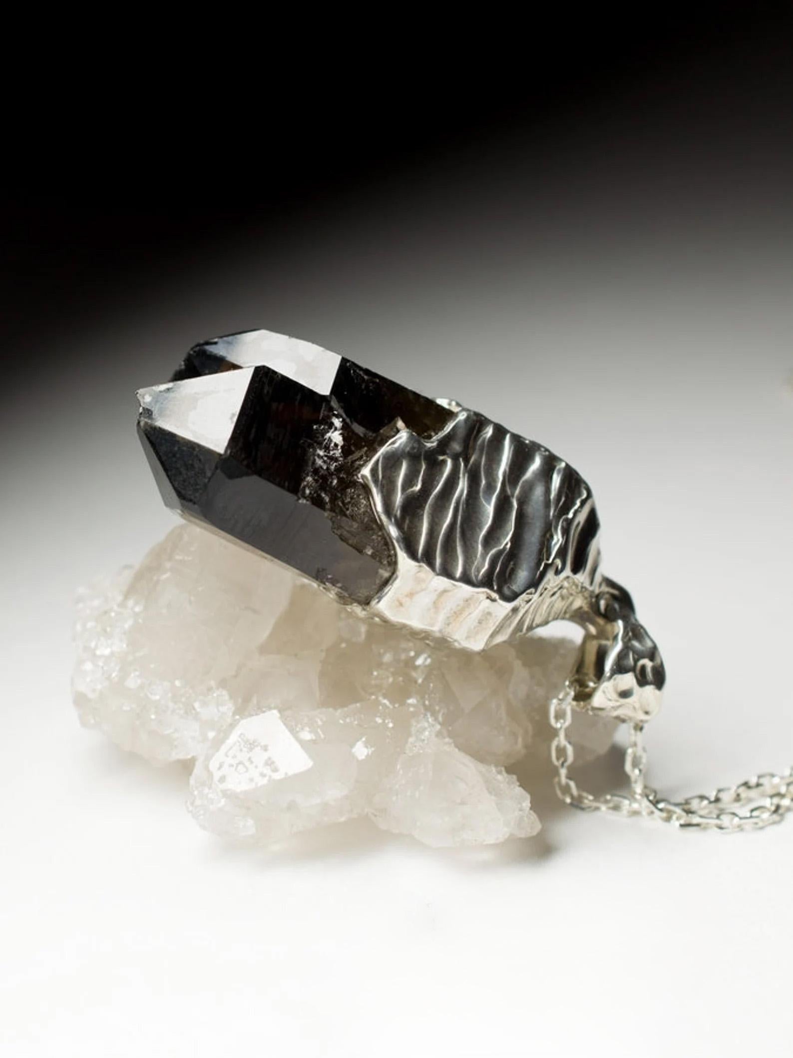 Morion Silver Pendant Natural Raw Black Quartz Crystal Gemstone Mens Jewelry 1