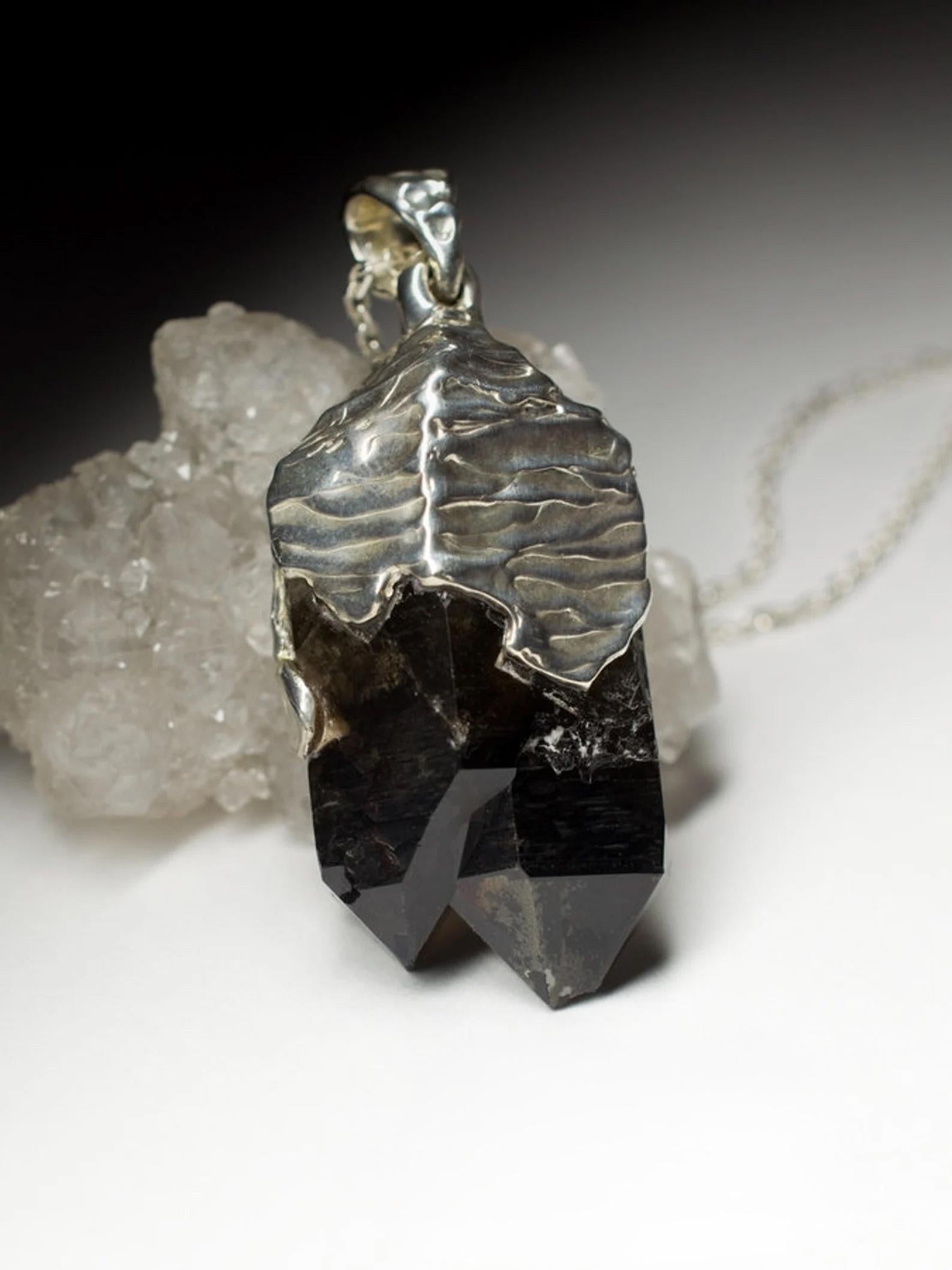 Morion Silver Pendant Natural Raw Black Quartz Crystal Gemstone Mens Jewelry 2