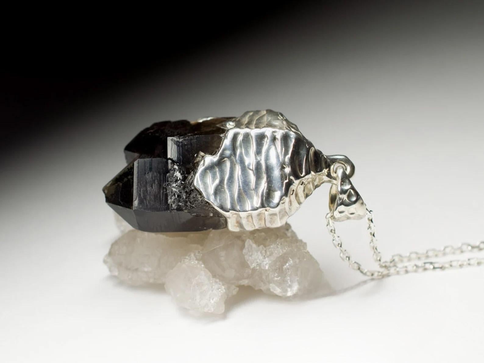 Morion Silver Pendant Natural Raw Black Quartz Crystal Gemstone Mens Jewelry 3