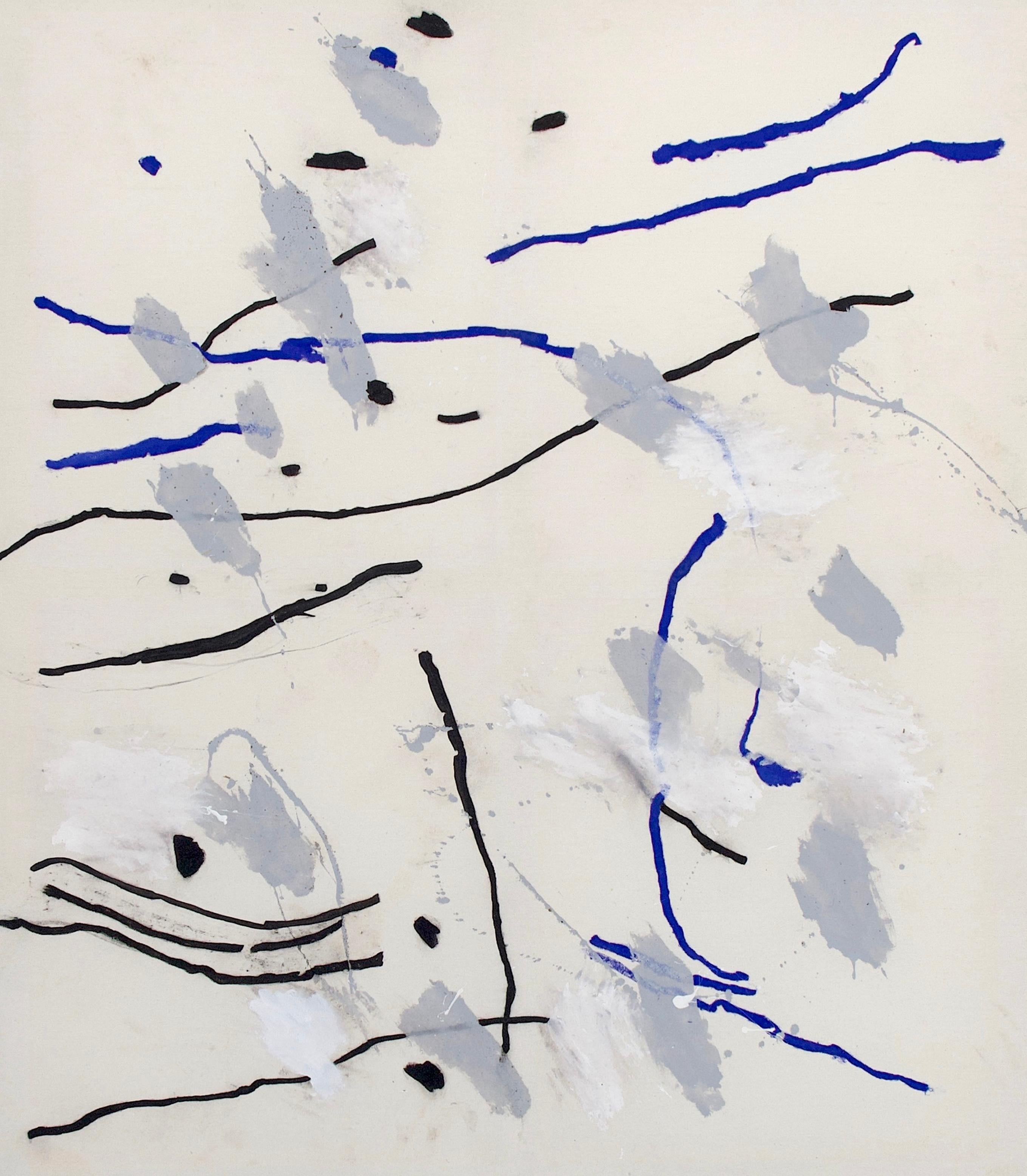 Abstract White Painting with Vibrant Blue and Black Marks, 2022 – 'Ioh' - Contemporary Mixed Media Art by Moritz Berg