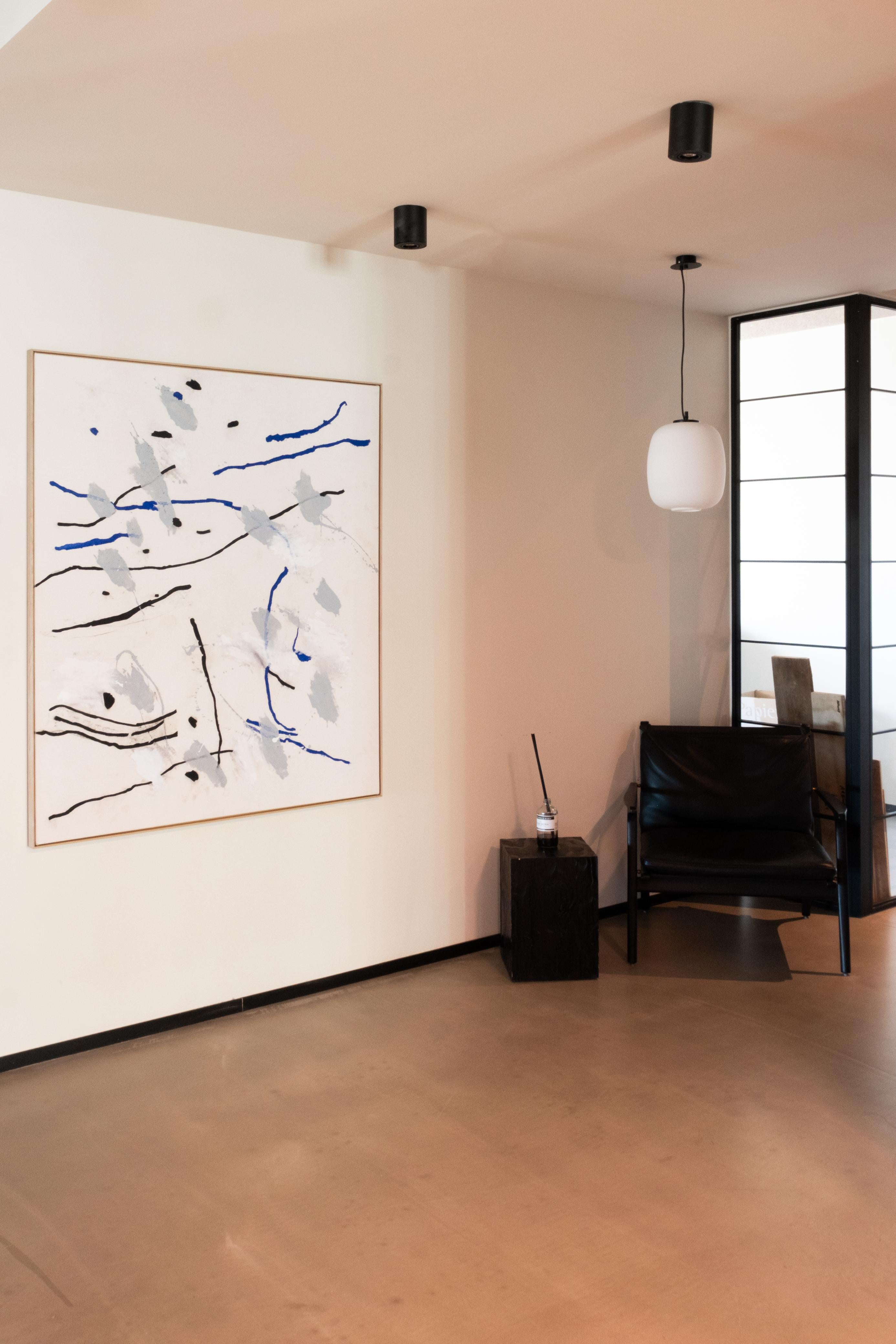 Abstract White Painting with Vibrant Blue and Black Marks, 2022 – 'Ioh' For Sale 1
