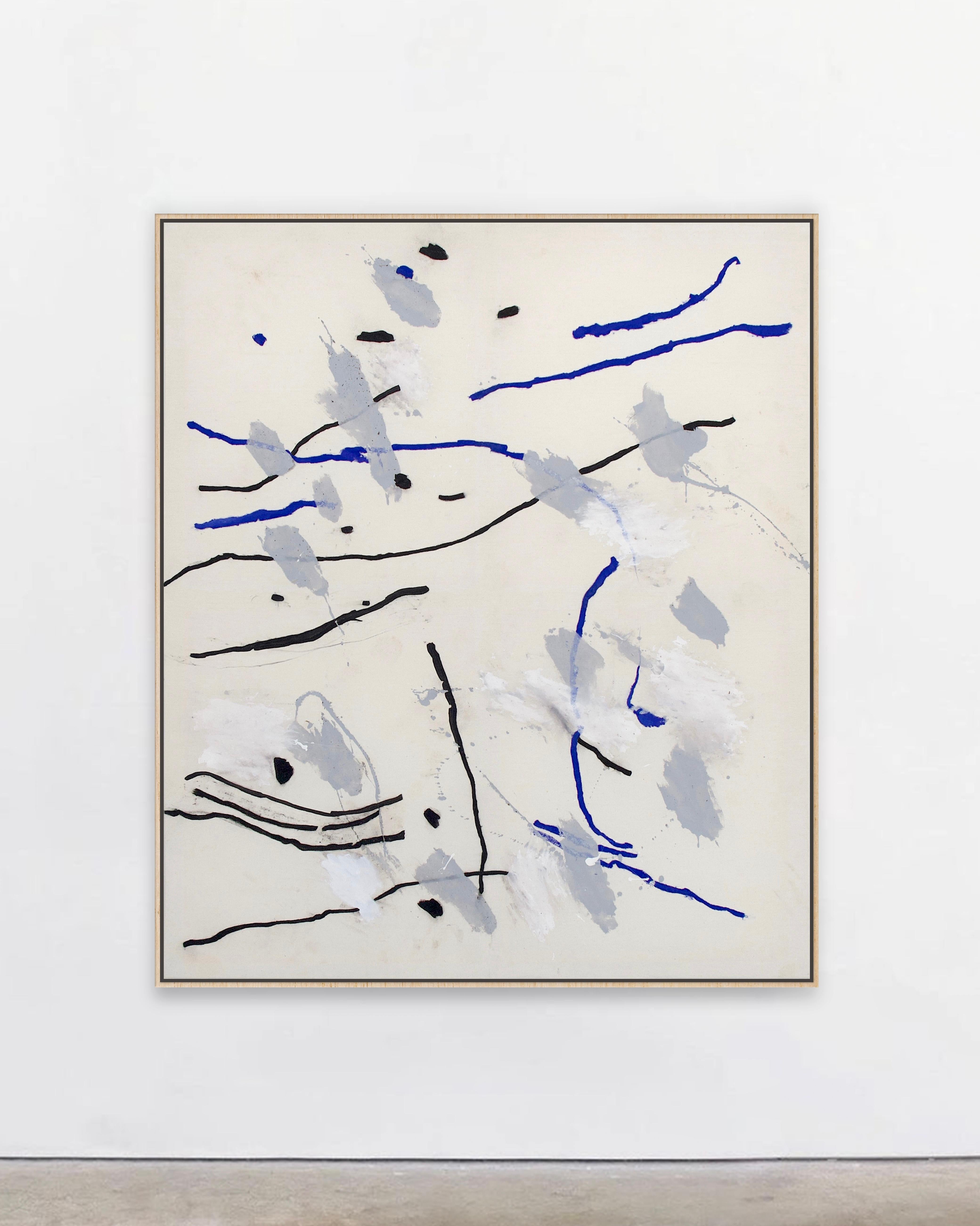 Abstract White Painting with Vibrant Blue and Black Marks, 2022 – 'Ioh' For Sale 2