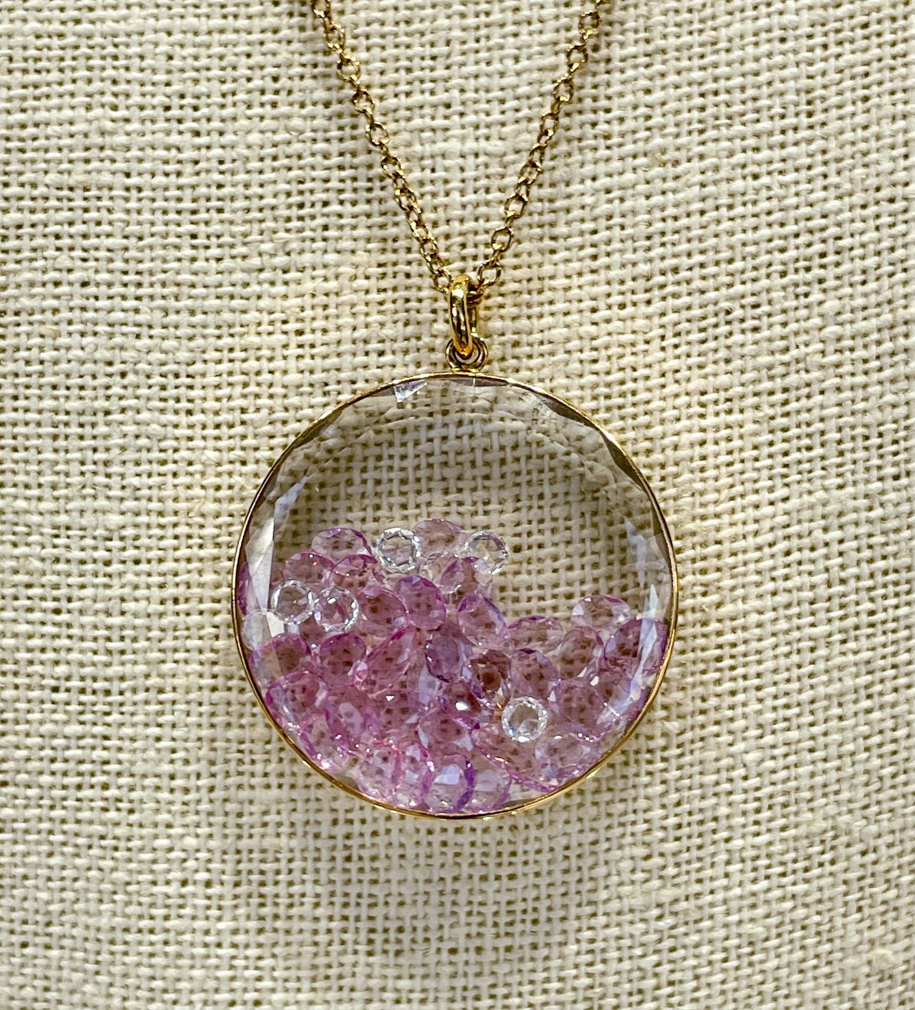 Moritz Glik 18k Rose Gold Diamond Lavender Sapphire Shaker Necklace with 5.07ctw Lavender Sapphire and 0.78ctw Rose cut diamonds set in sapphire case.

The necklace is extendable and 30.5-33 inches long. The sapphire case is approx. 30mm in