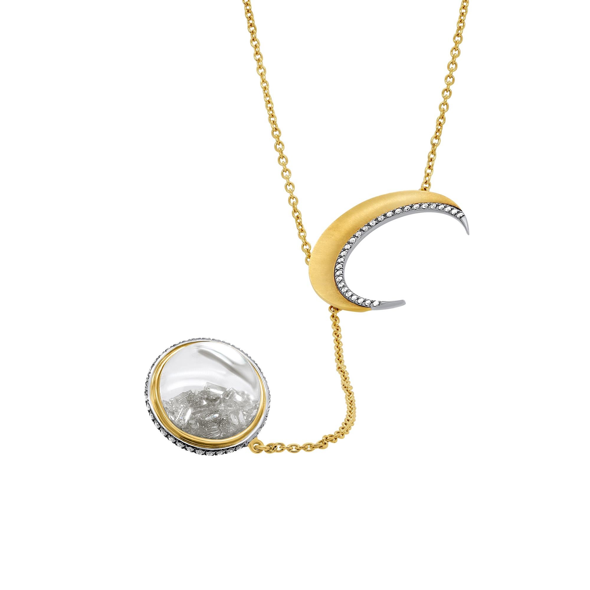 Moritz Glik 18k Yellow Gold Diamond Double Case Half Moon Shaker Necklace 
Set with Mixed cut diamonds; estimated total weight is 1.92ctw.
The Sapphire Case pendant’s measures to 17.91mm in diameter; crescent moon’ measurements are
