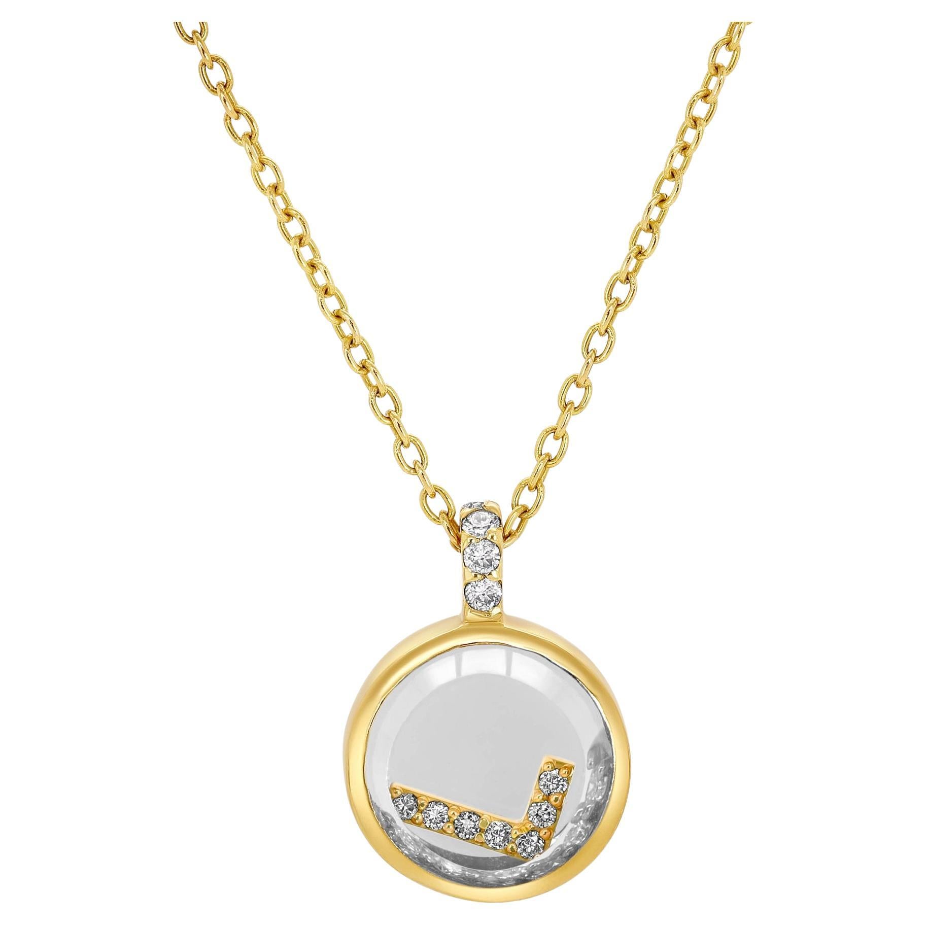 Moritz Glik 18k Yellow Gold Diamond Sapphire Shaker “L” Pendant Necklace with 0.18 Round Brilliant Diamonds set into Sapphire case.
Sapphire case measures to approx. 7.84mm in diameter and 14.33mm long with diamond loop.
The Cable link chain is 16