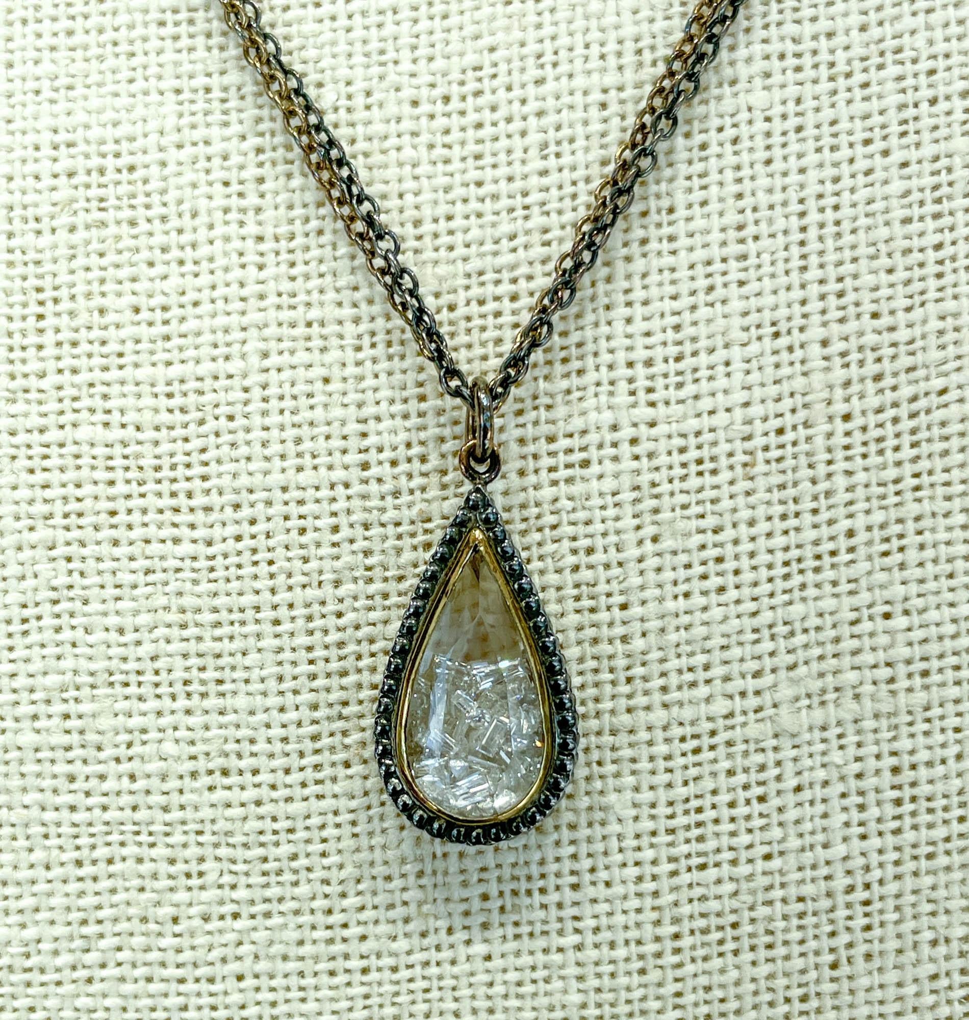 Moritz Glik 18k Yellow Gold Blackened Silver Diamond Teardrop Shaker Pendant Double Chain Necklace 
Set with Mixed cut diamonds set in sapphire case; estimated total weight is 0.80ctw.
The necklace is 17 inches long. 
The teardrop’s measurements are