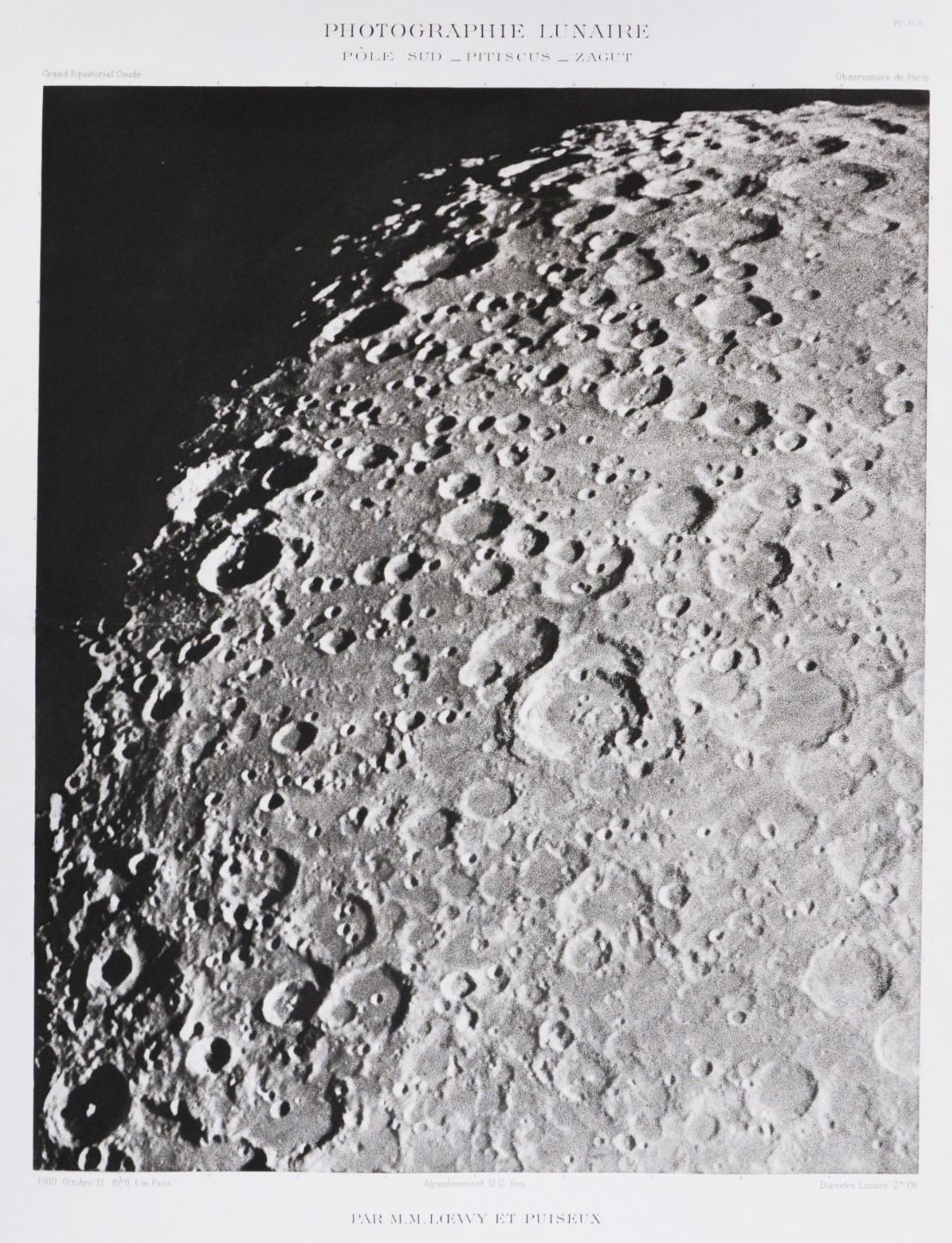 PÔLE SUD_PITISCUS_ZAGUT.   Héliogravure of the Moon's Surface - Gray Black and White Photograph by Moritz Loewy; Pierre-Henry Puiseux