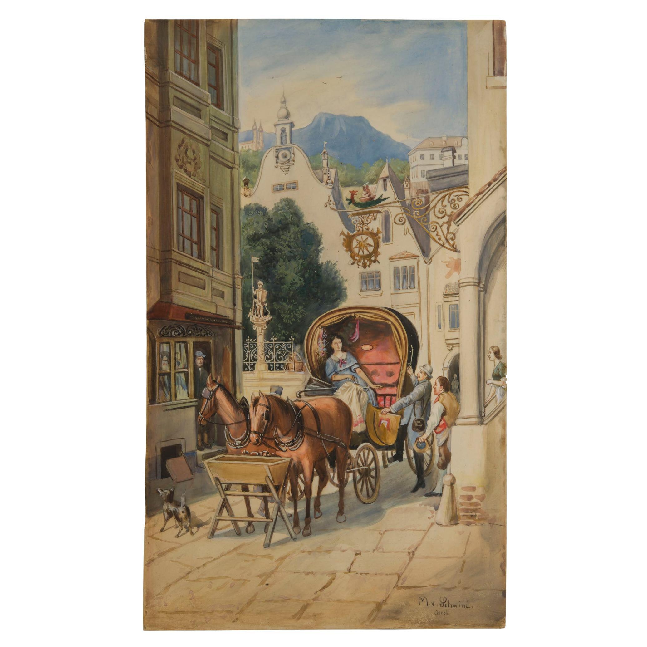 Beautiful and important painting by the great Austrian artist Moritz von Schwind.
Watercolor on panel.
The painting has a beautiful threaded frame with tortoiseshell design.
Smaller size version of the painting “ The Honeymoon” circa 1850/52, Schack