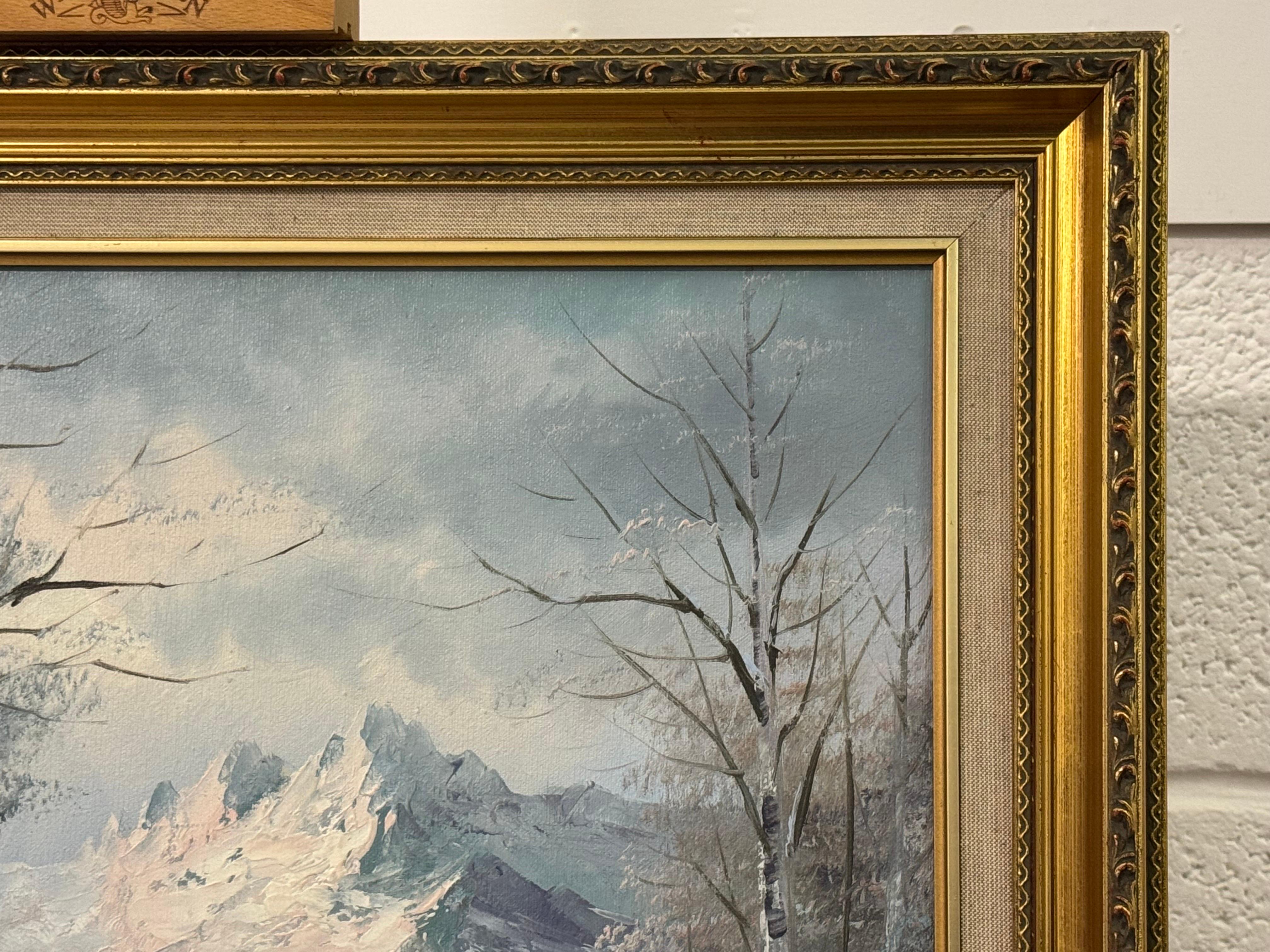 Winter Mountain Landscape Oil Painting - Vintage British Art in a Gold Frame For Sale 7