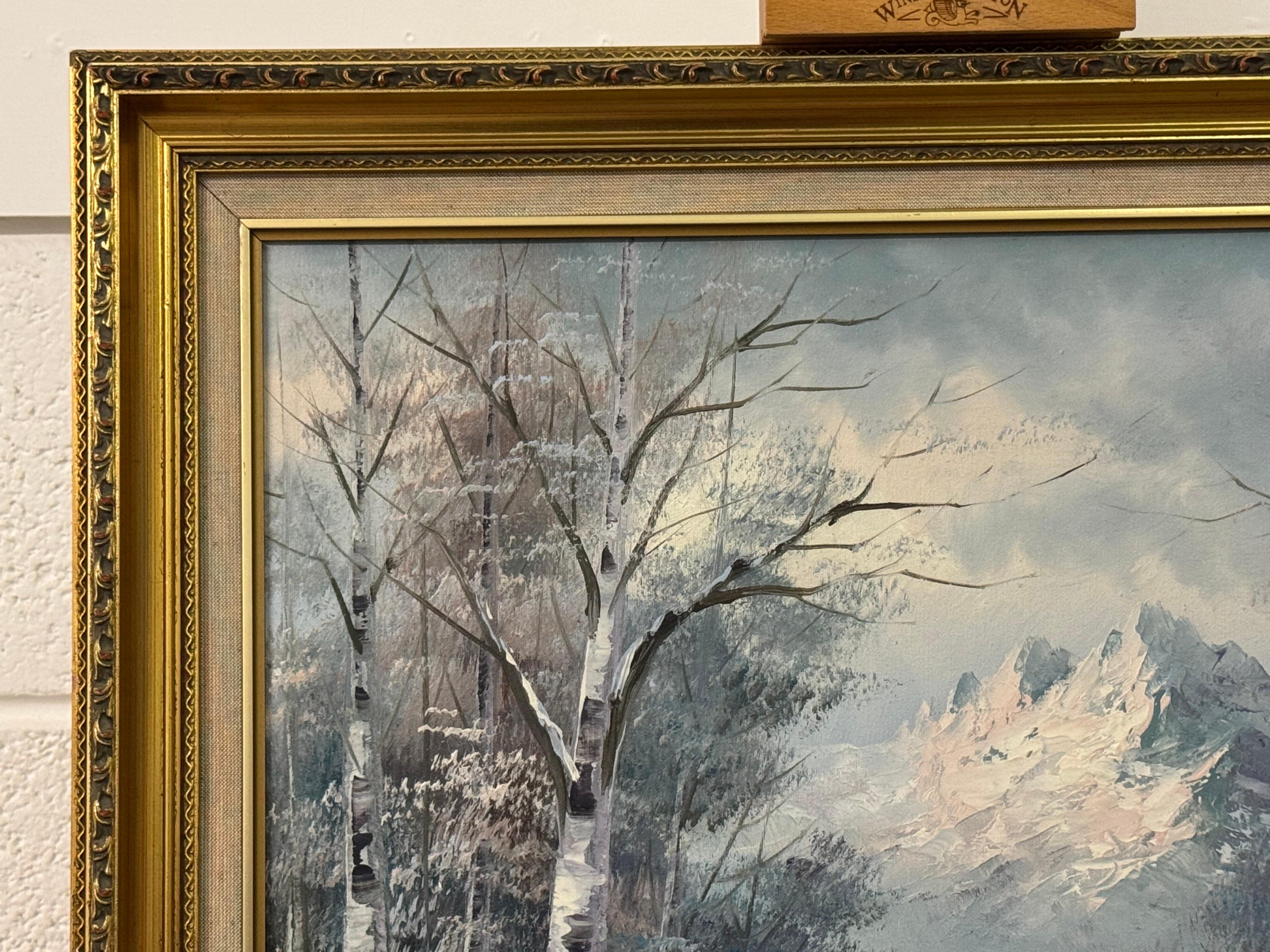 Winter Mountain Landscape Oil Painting - Vintage British Art in a Gold Frame For Sale 8