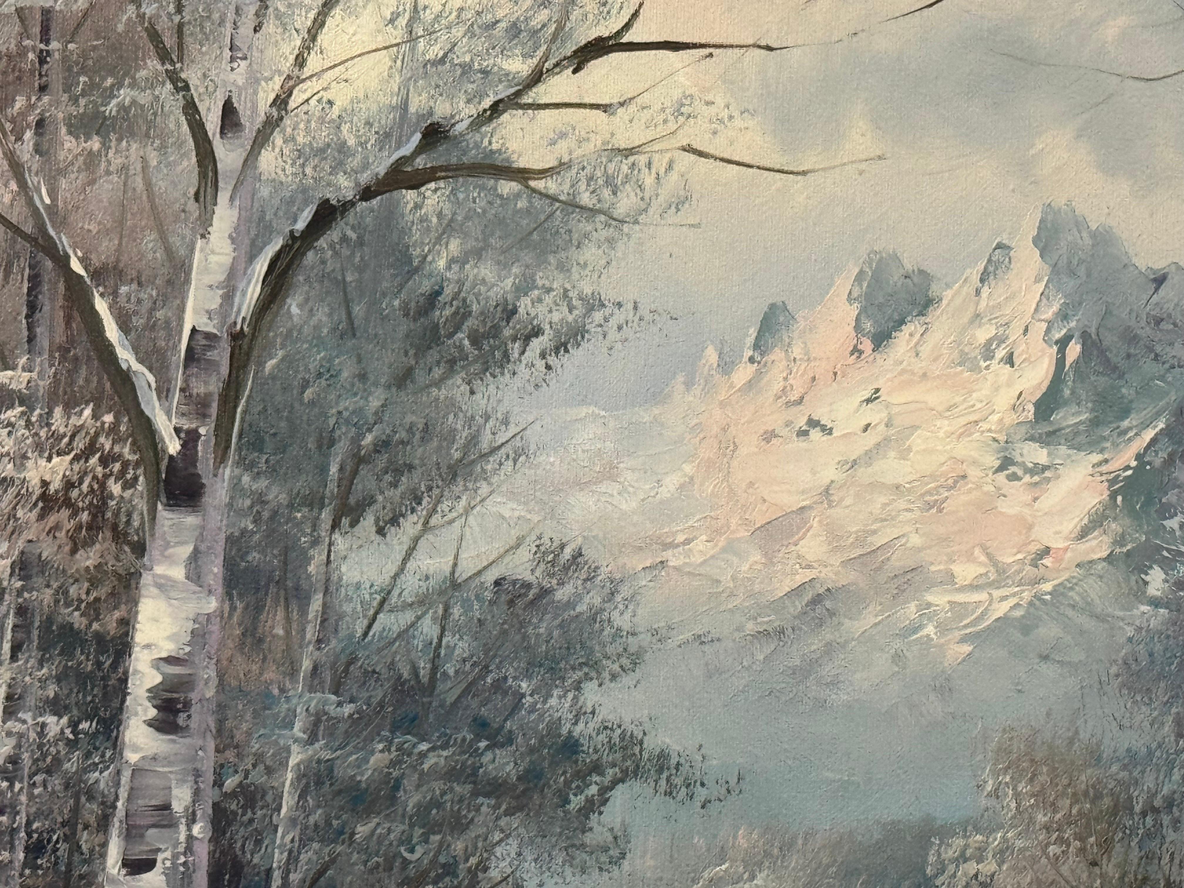 Winter Mountain Landscape Oil Painting - Vintage British Art in a Gold Frame For Sale 9