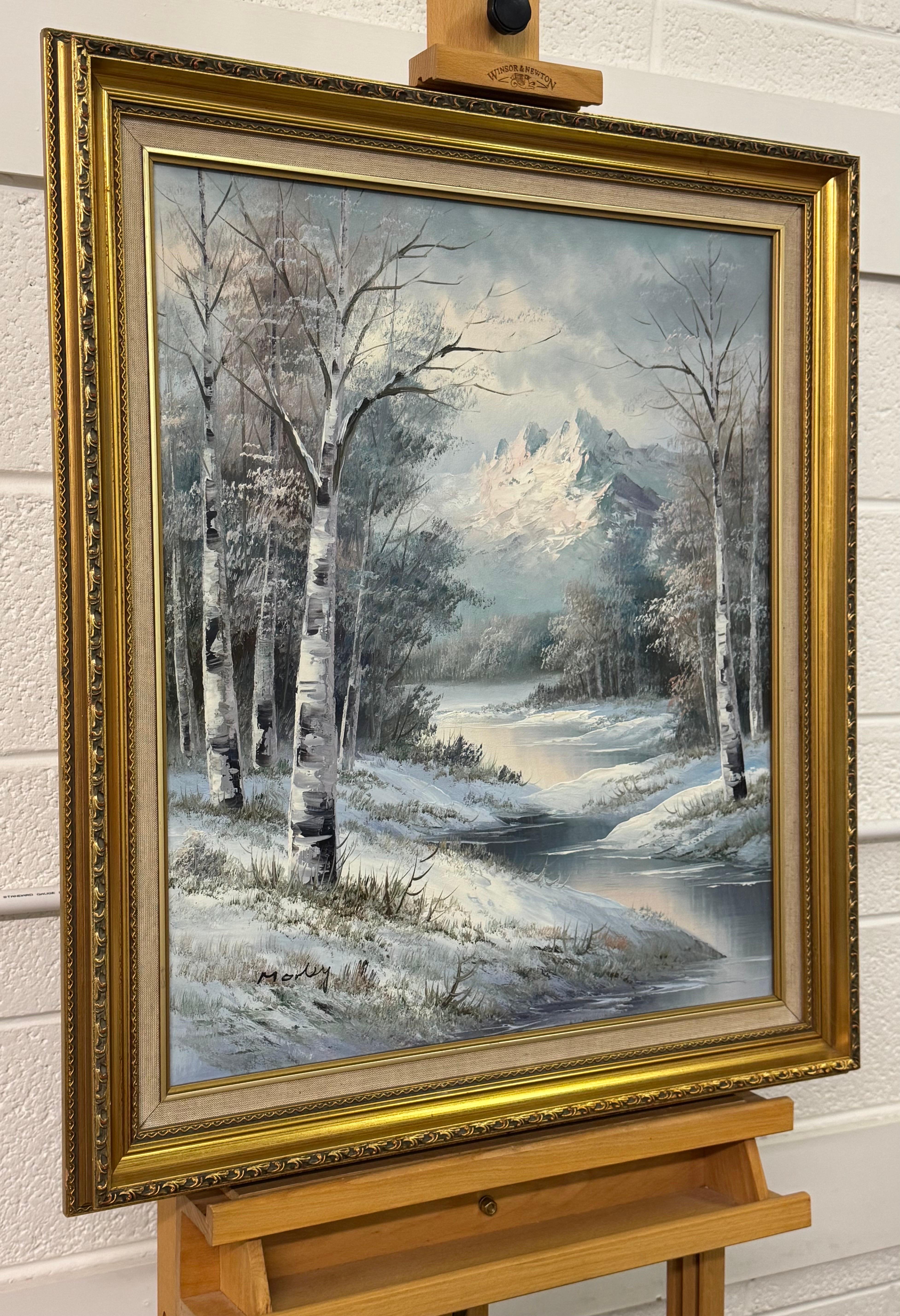 Winter Mountain Landscape Oil Painting - Vintage British Art in a Gold Frame - Gray Landscape Painting by Morley