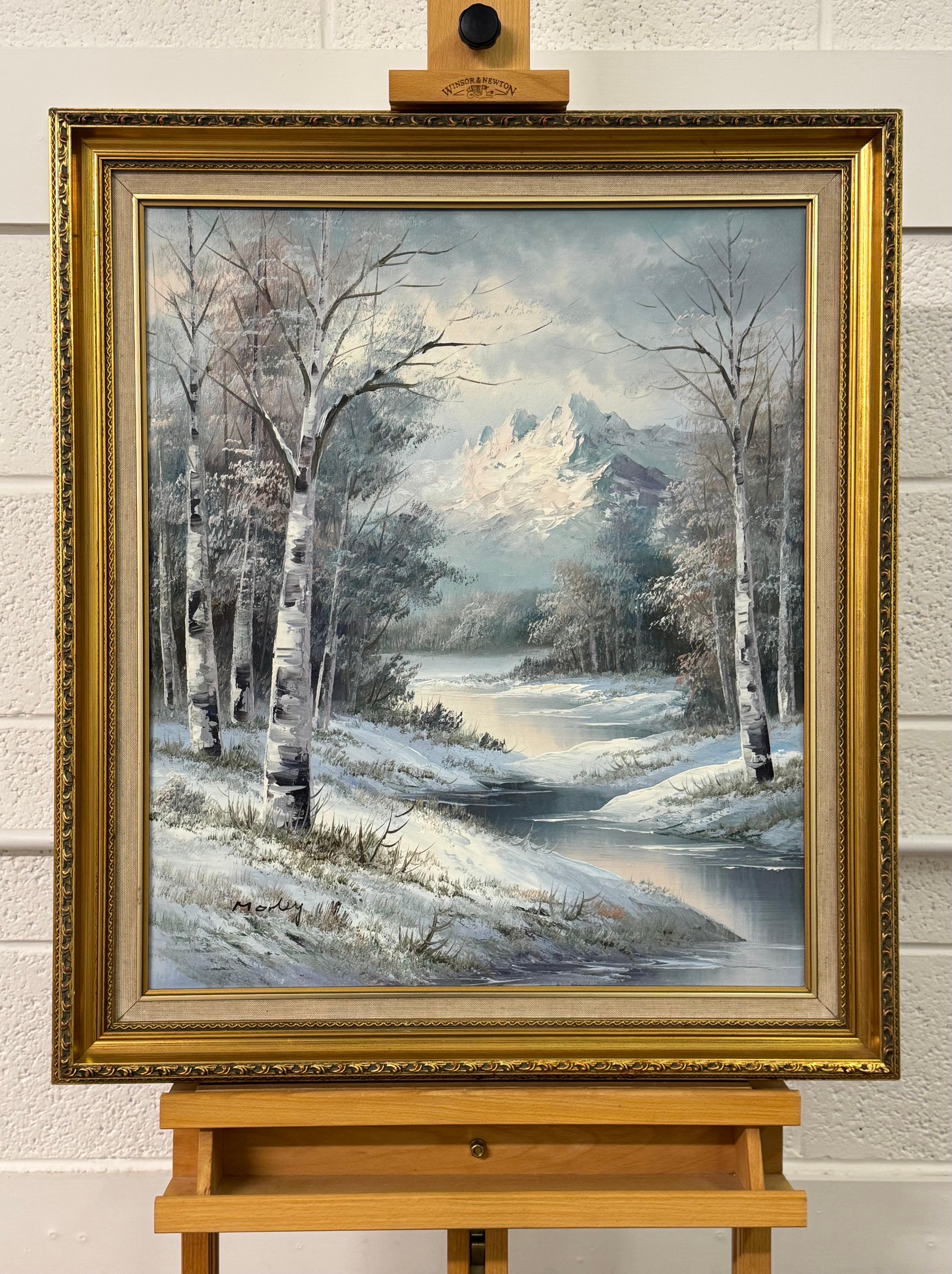 Winter Mountain Landscape Oil Painting - Vintage British Art in a Gold Frame For Sale 1