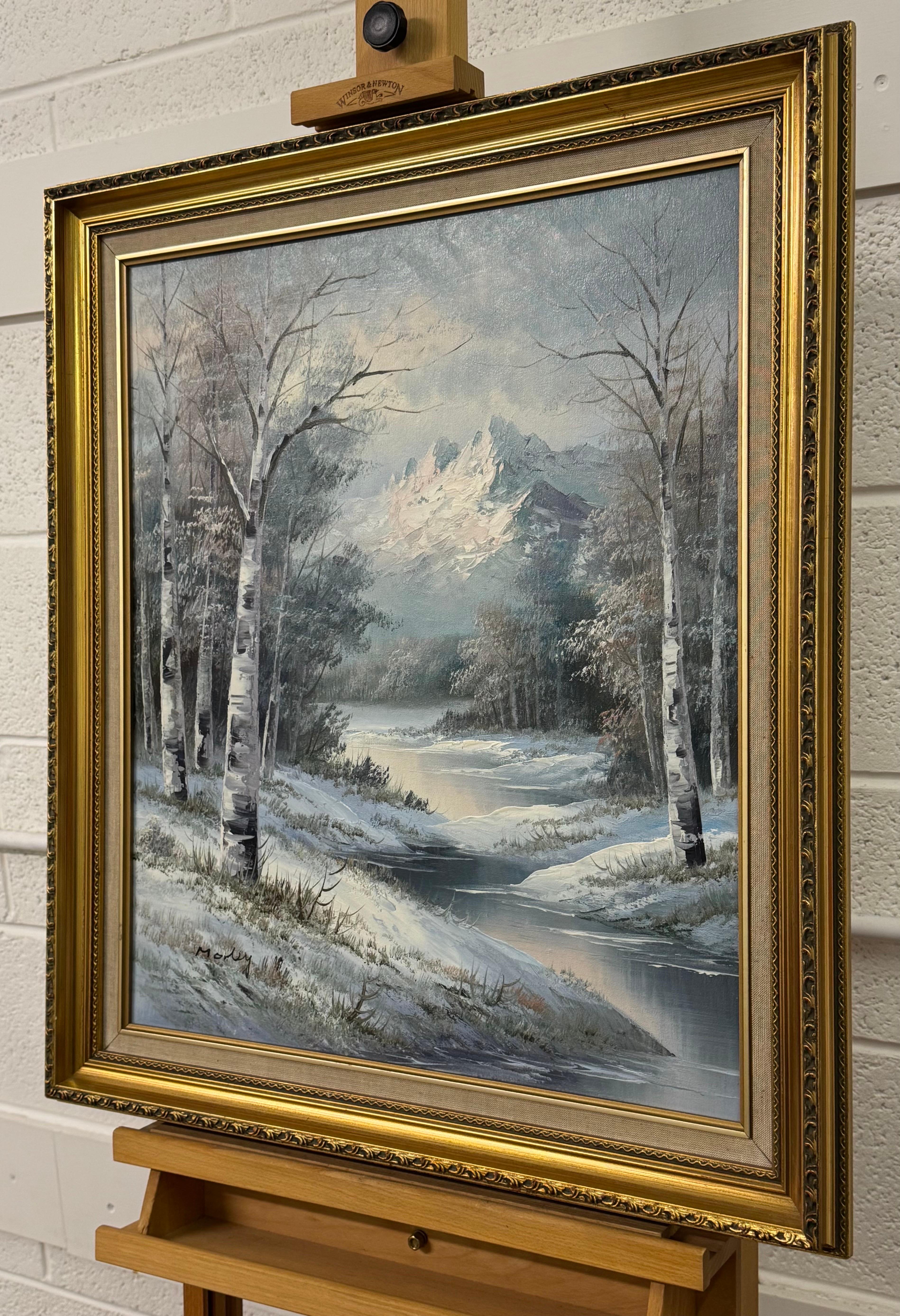 Winter Mountain Landscape Oil Painting - Vintage British Art in a Gold Frame For Sale 2