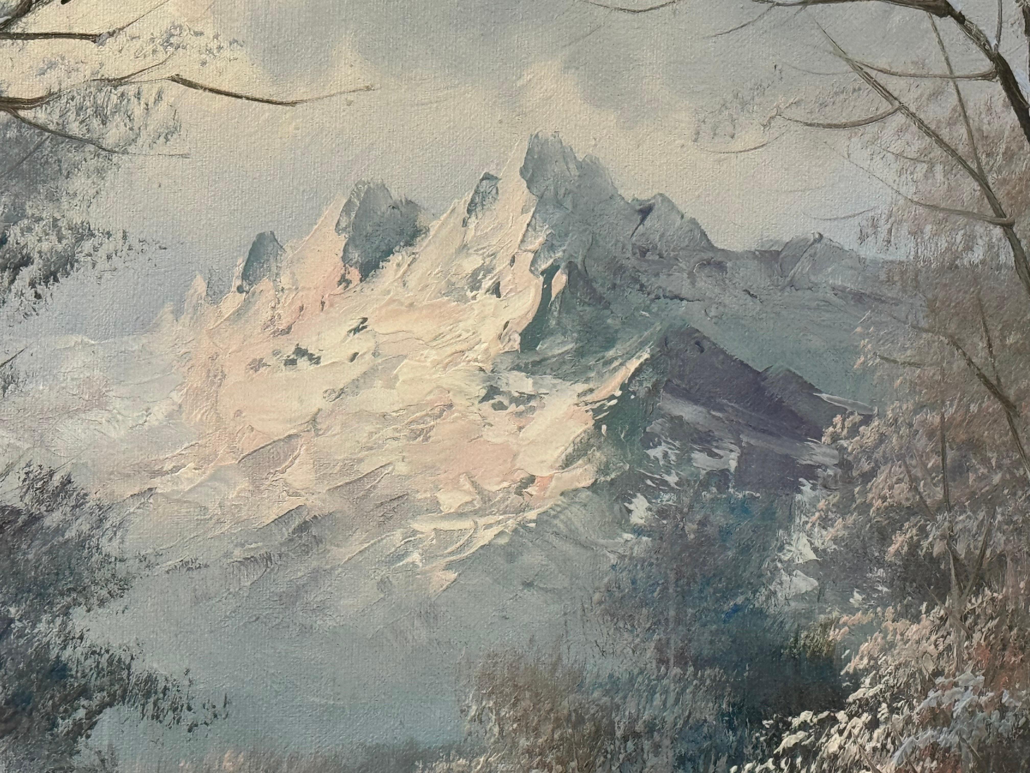Winter Mountain Landscape Oil Painting - Vintage British Art in a Gold Frame For Sale 6