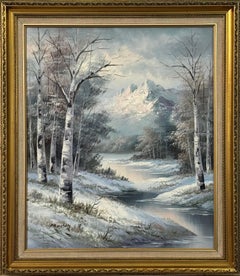 Pintura al óleo Paisaje montañoso invernal - Arte británico vintage en marco dorado