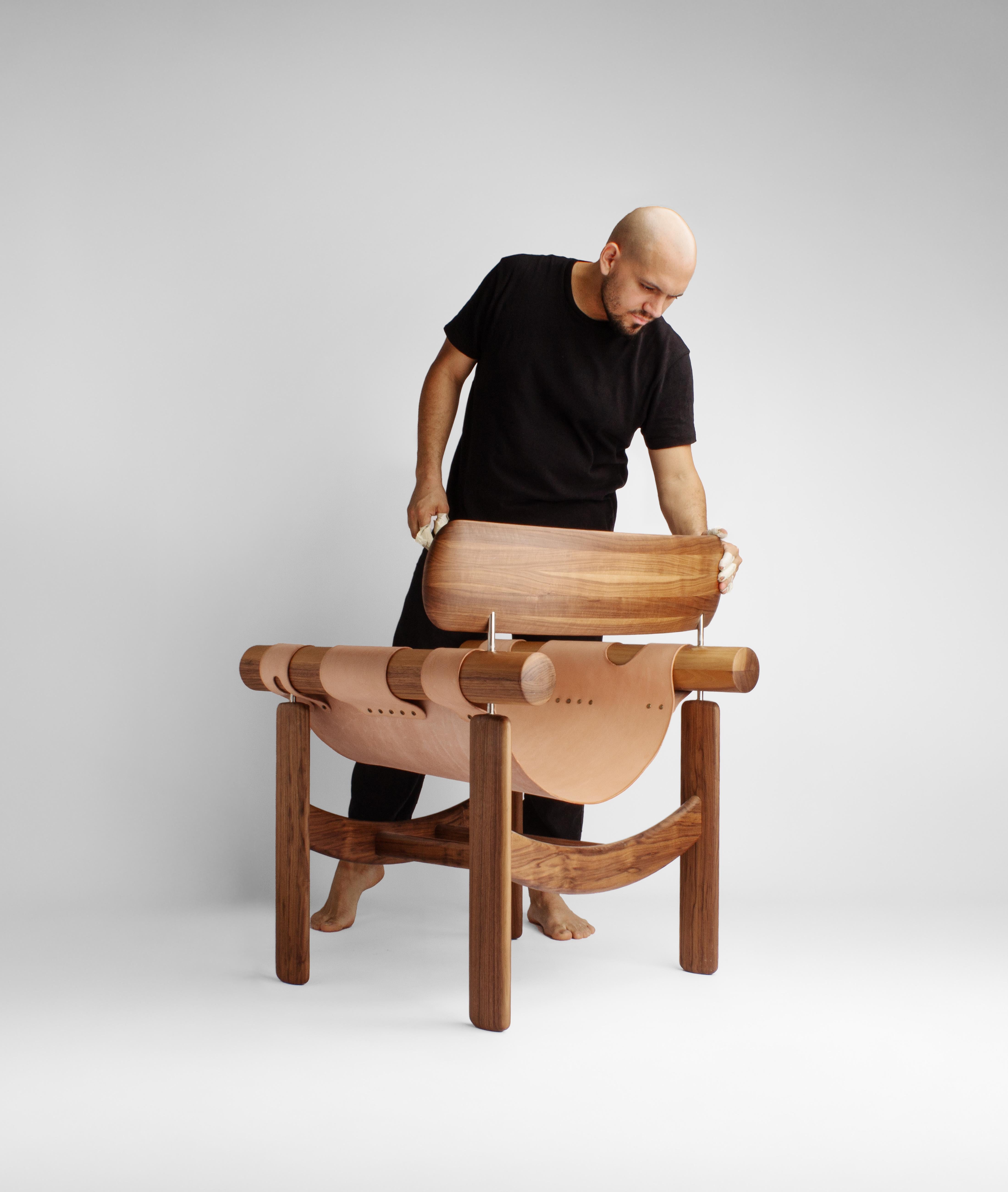 Métal Morlock Walnut wood and Leather seat Armchair by  Adriane Escarfullery en vente
