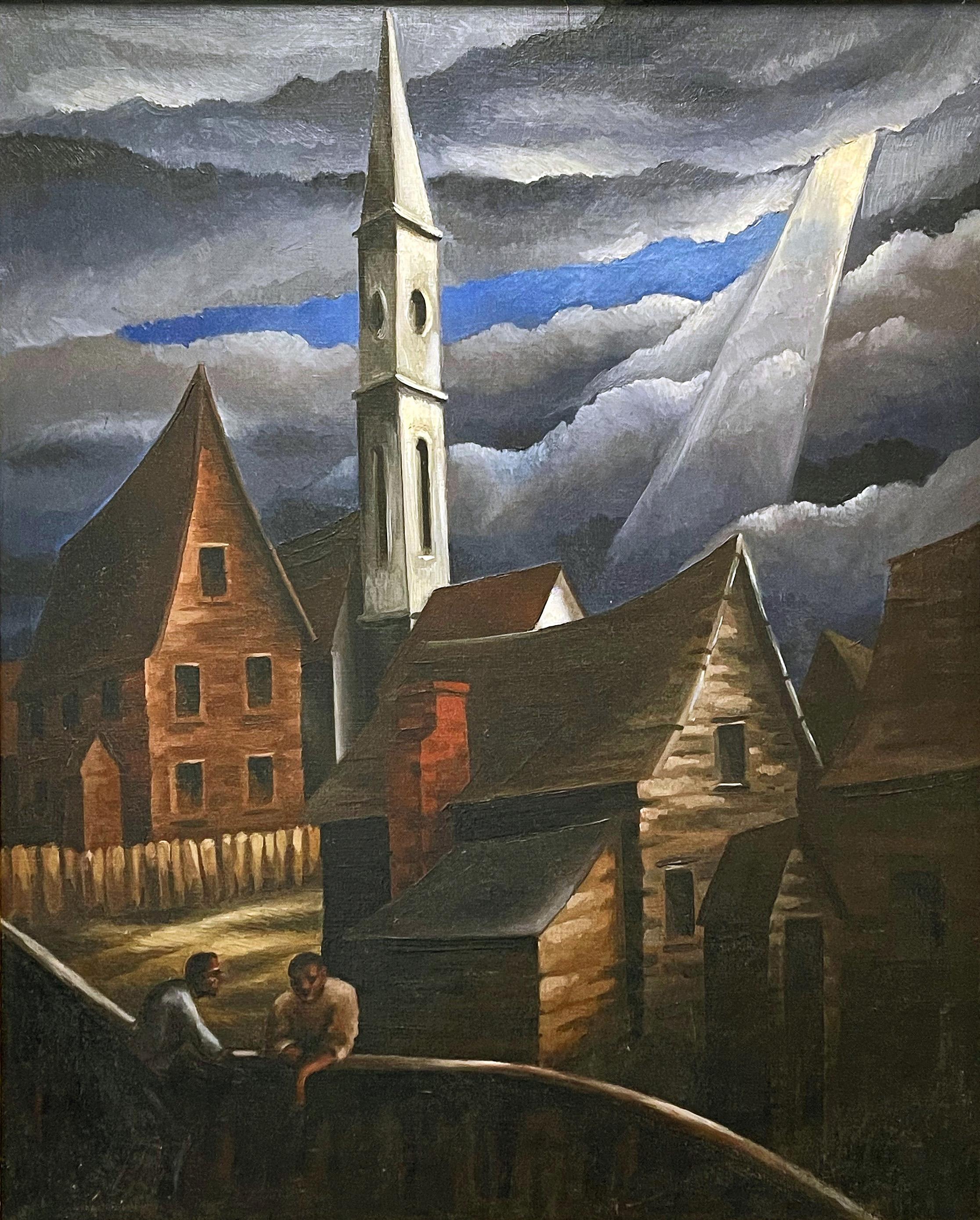 „Morning Chat“, Moody, atmosphärisches Gemälde von Daniel Koerner, WPA-Künstler (Art déco) im Angebot