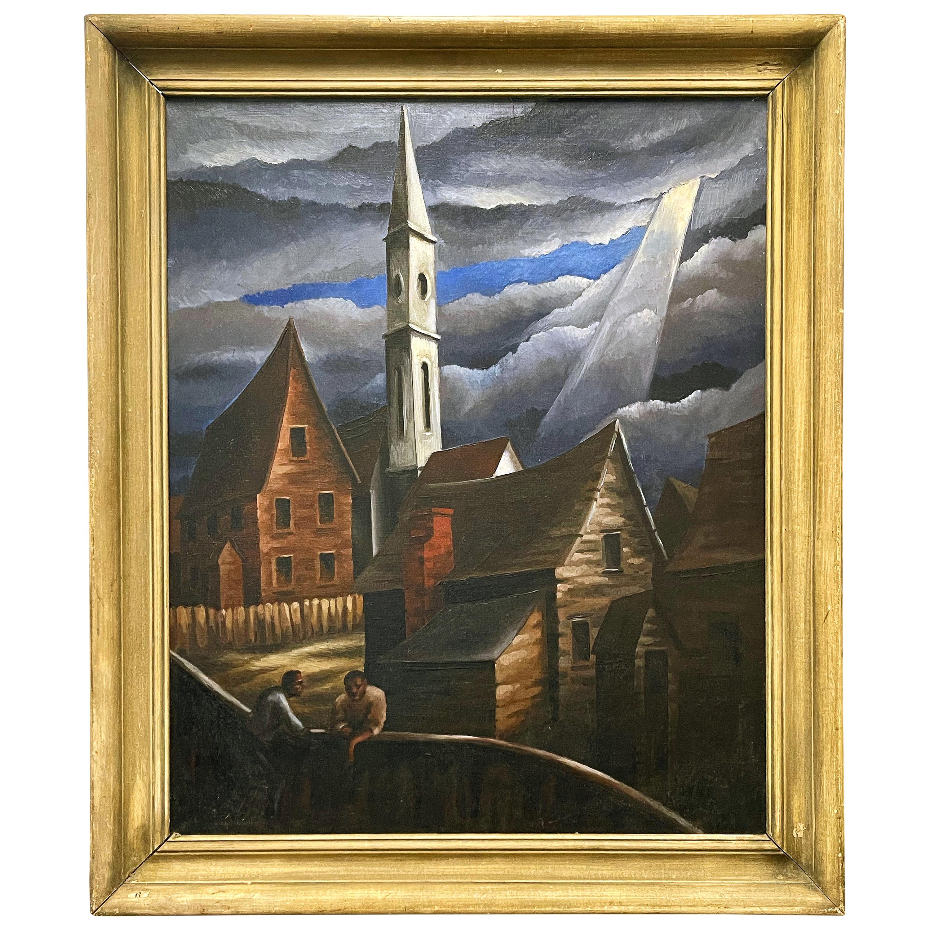 "Morning Chat, " Moody, Atmospheric Painting by Daniel Koerner, WPA Artist For Sale