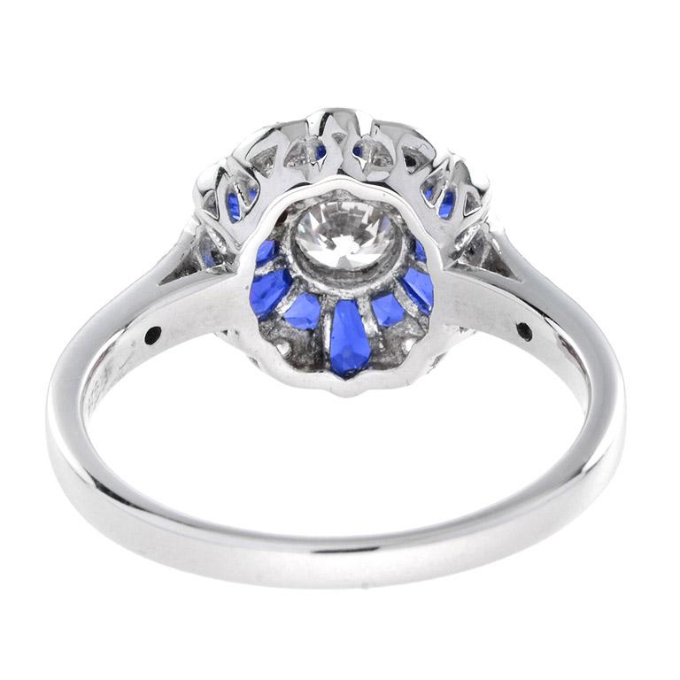 Round Cut Morning Glory Blue Sapphire & Diamond Art Deco Style 14K White Gold Ring For Sale