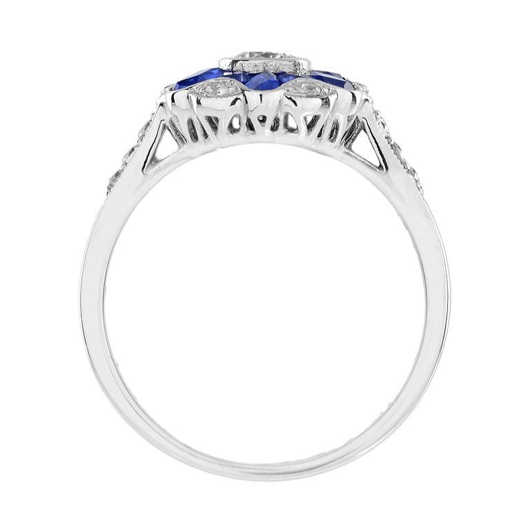 Morning Glory Blue Sapphire & Diamond Art Deco Style 14K White Gold Ring In New Condition For Sale In Oakton, VA