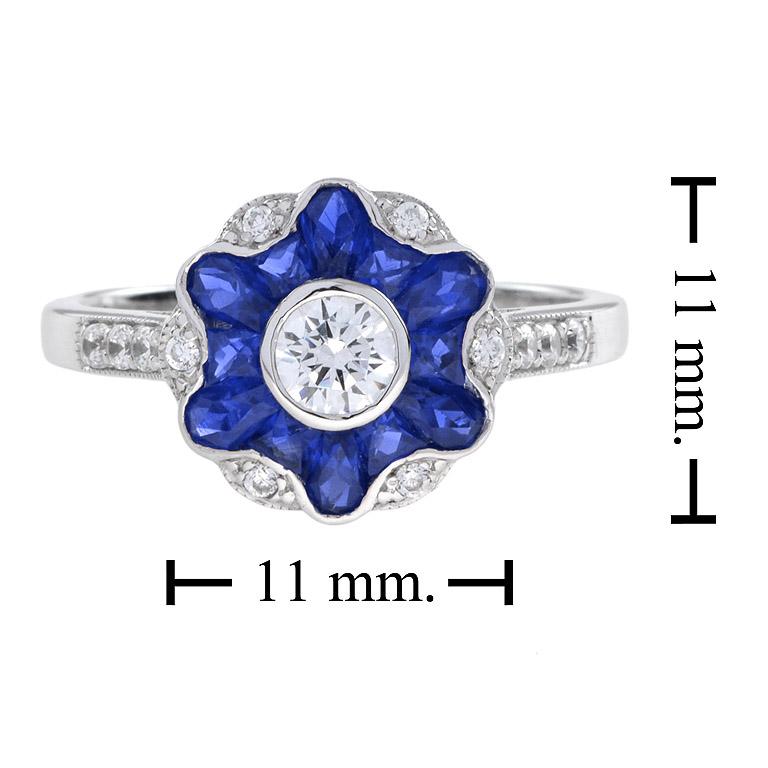 Women's Morning Glory Blue Sapphire & Diamond Art Deco Style 14K White Gold Ring For Sale
