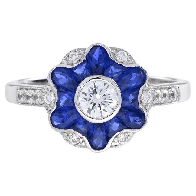 Morning Glory Blue Sapphire & Diamond Art Deco Style 14K White Gold Ring