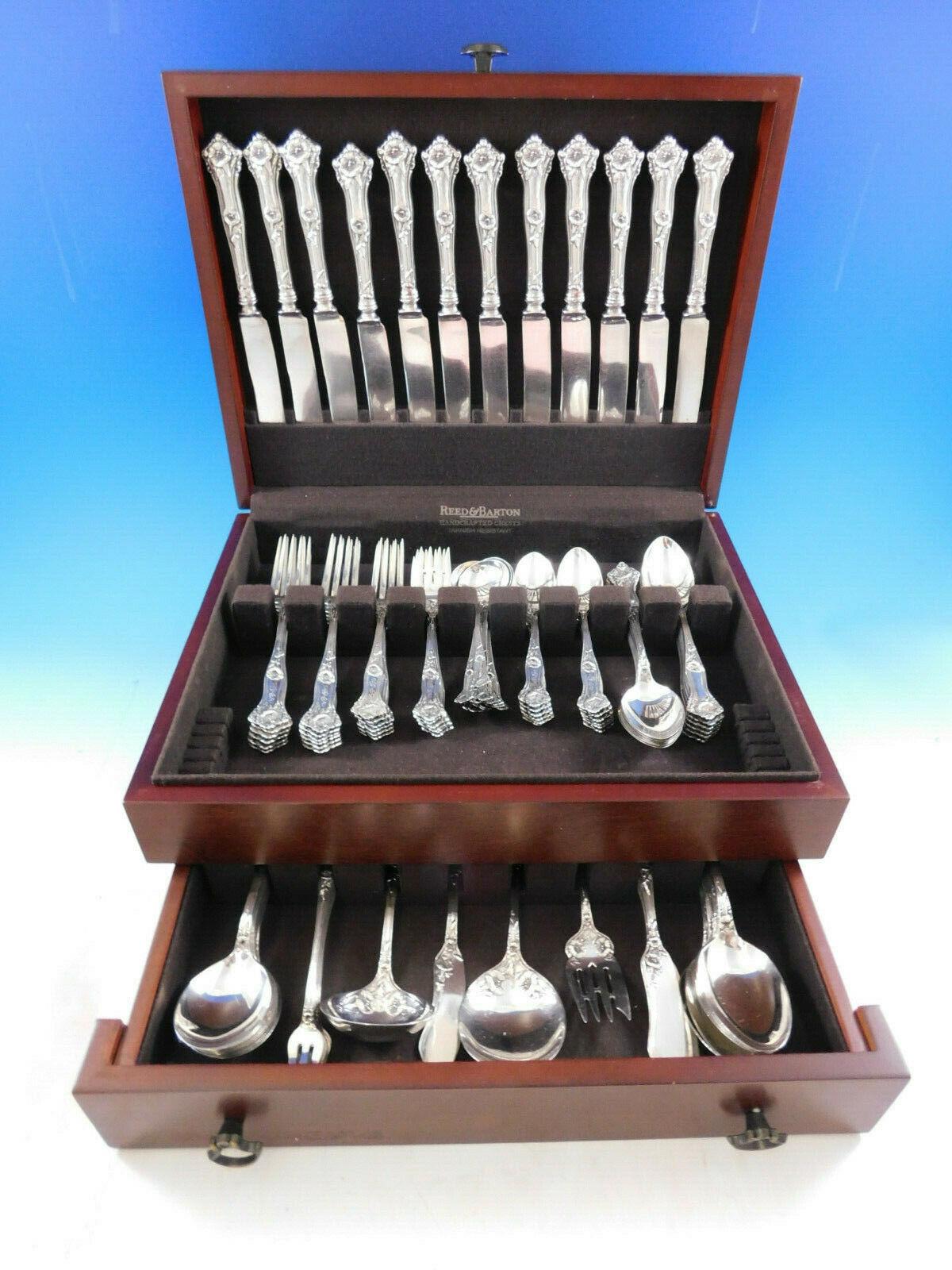 Gorgeous rare morning glory by Alvin circa 1909 sterling silver flatware set, 100 pieces. This set includes:

12 large dinner size knives w/blunt silverplated blades, 10