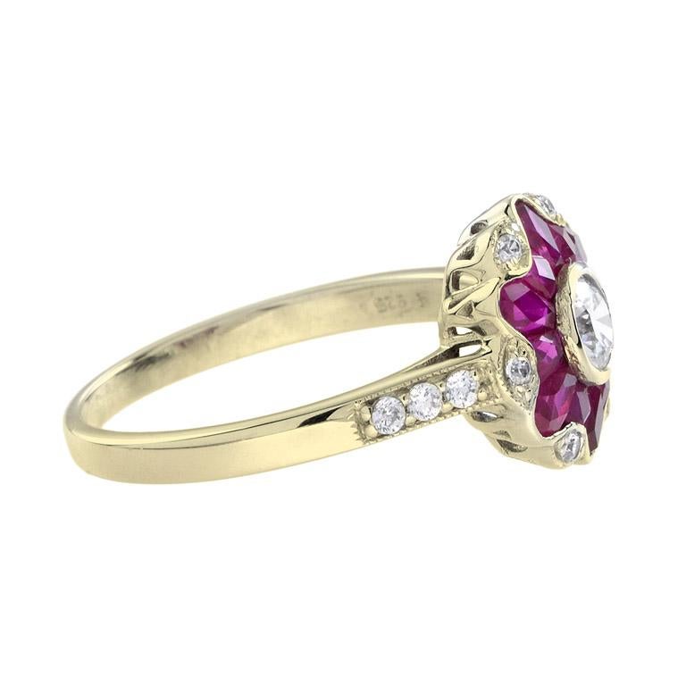 Round Cut Morning Glory Red Pink Ruby & Round Diamond Art Deco Style 14K Gold Ring For Sale