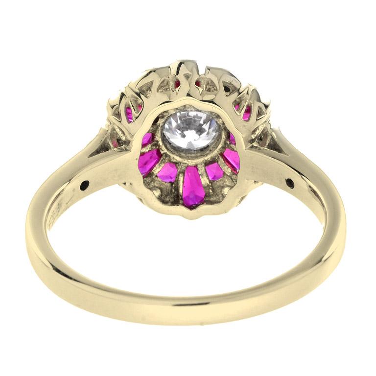 Morning Glory Red Pink Ruby & Round Diamond Art Deco Style 14K Gold Ring In New Condition For Sale In Oakton, VA