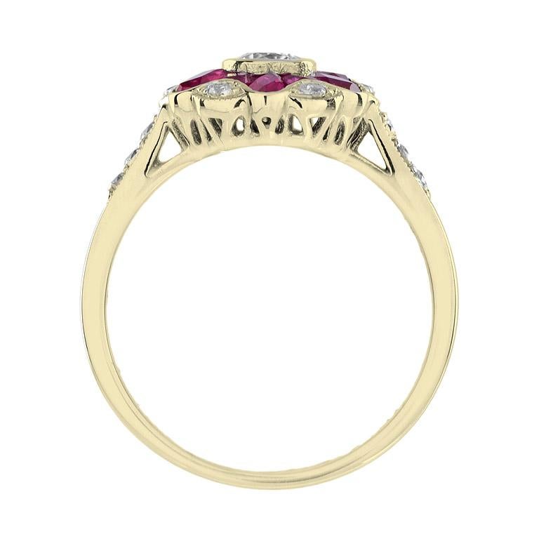 Women's Morning Glory Red Pink Ruby & Round Diamond Art Deco Style 14K Gold Ring For Sale