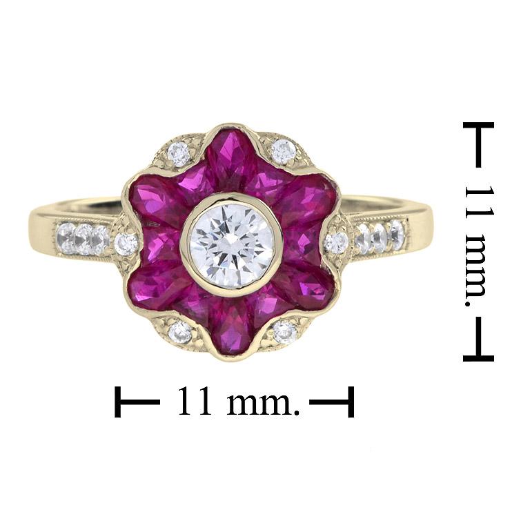 Morning Glory Red Pink Ruby & Round Diamond Art Deco Style 14K Gold Ring For Sale 1