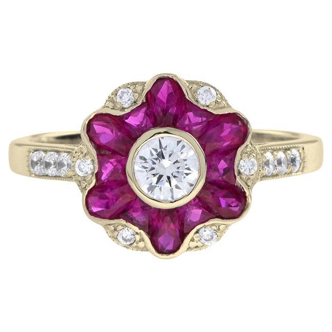 Morning Glory Red Pink Ruby & Round Diamond Art Deco Style 14K Gold Ring For Sale