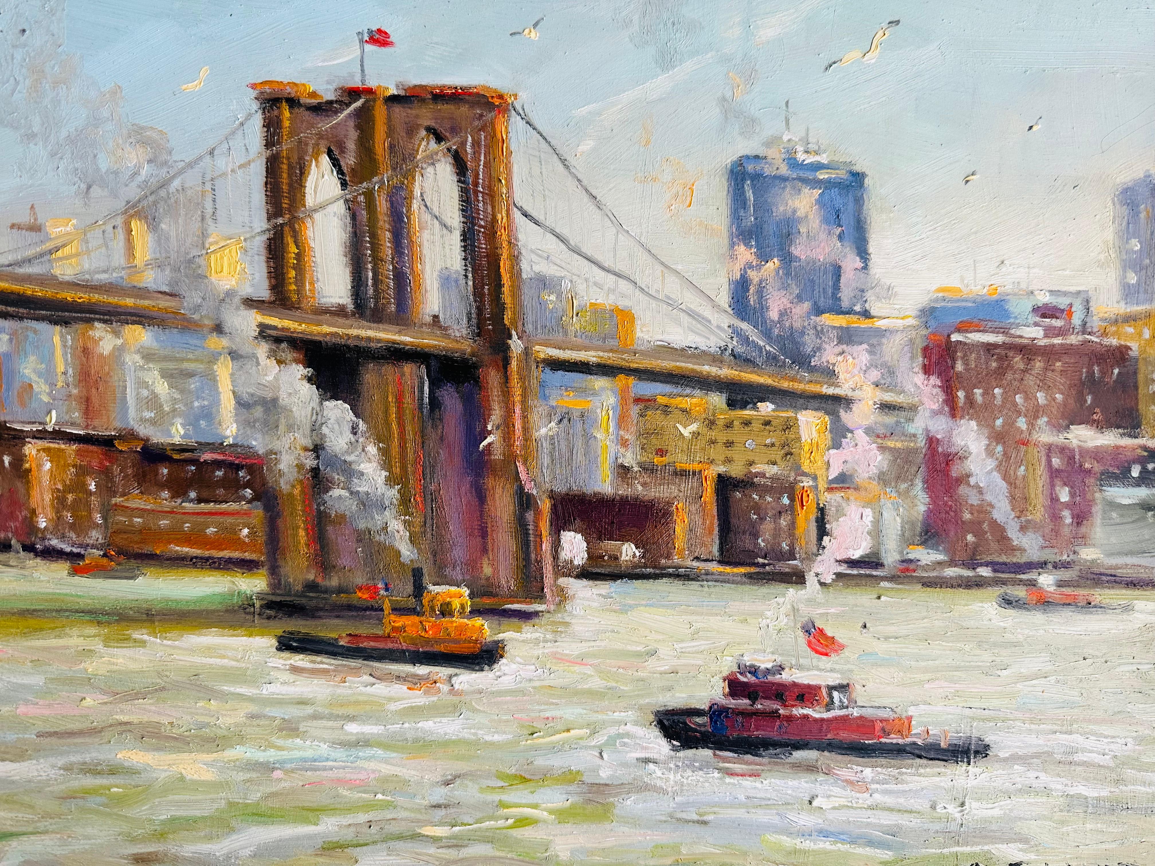 Morning on East River New York City Impressionist Bridge Boat Scene Oil Painting For Sale 3