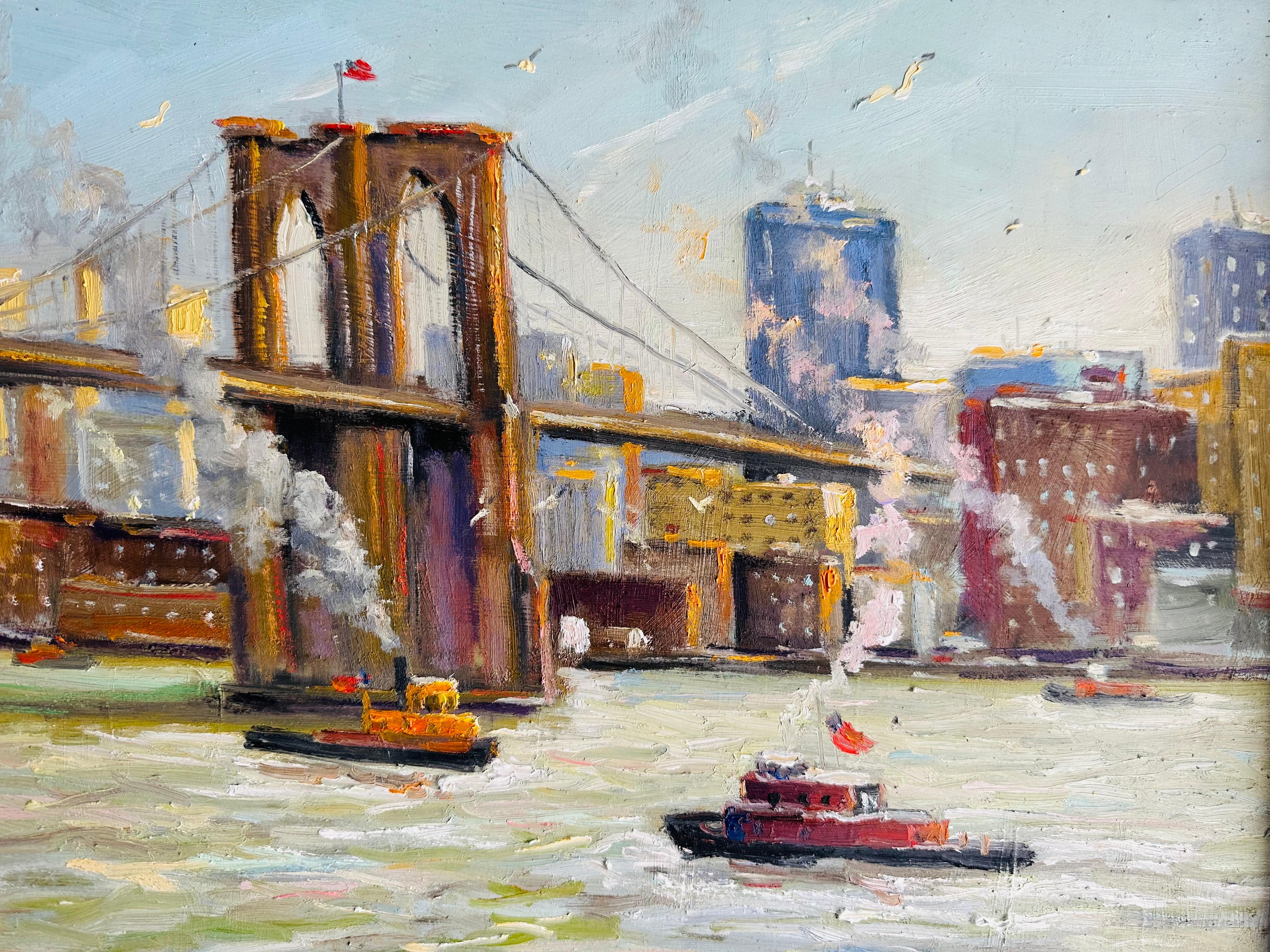 Impressionist New York City a wonderful morning on the East River. Tug boats gently make their way up the river with a backdrop of the Brooklyn Bridge. Birds flying in the crisp morning breeze. From early childhood to the present, Willett, a natural