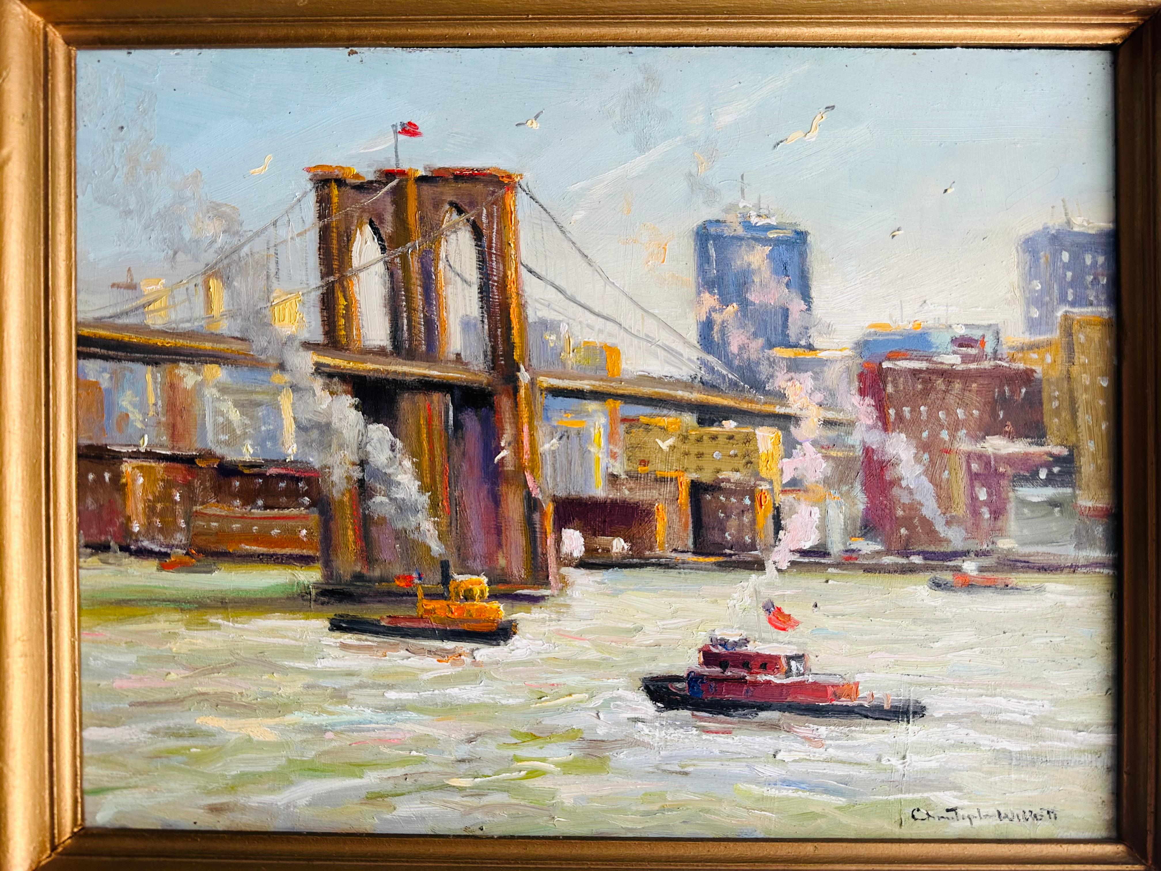 American Classical Morning on East River New York City Impressionist Bridge Boat Scene Oil Painting For Sale
