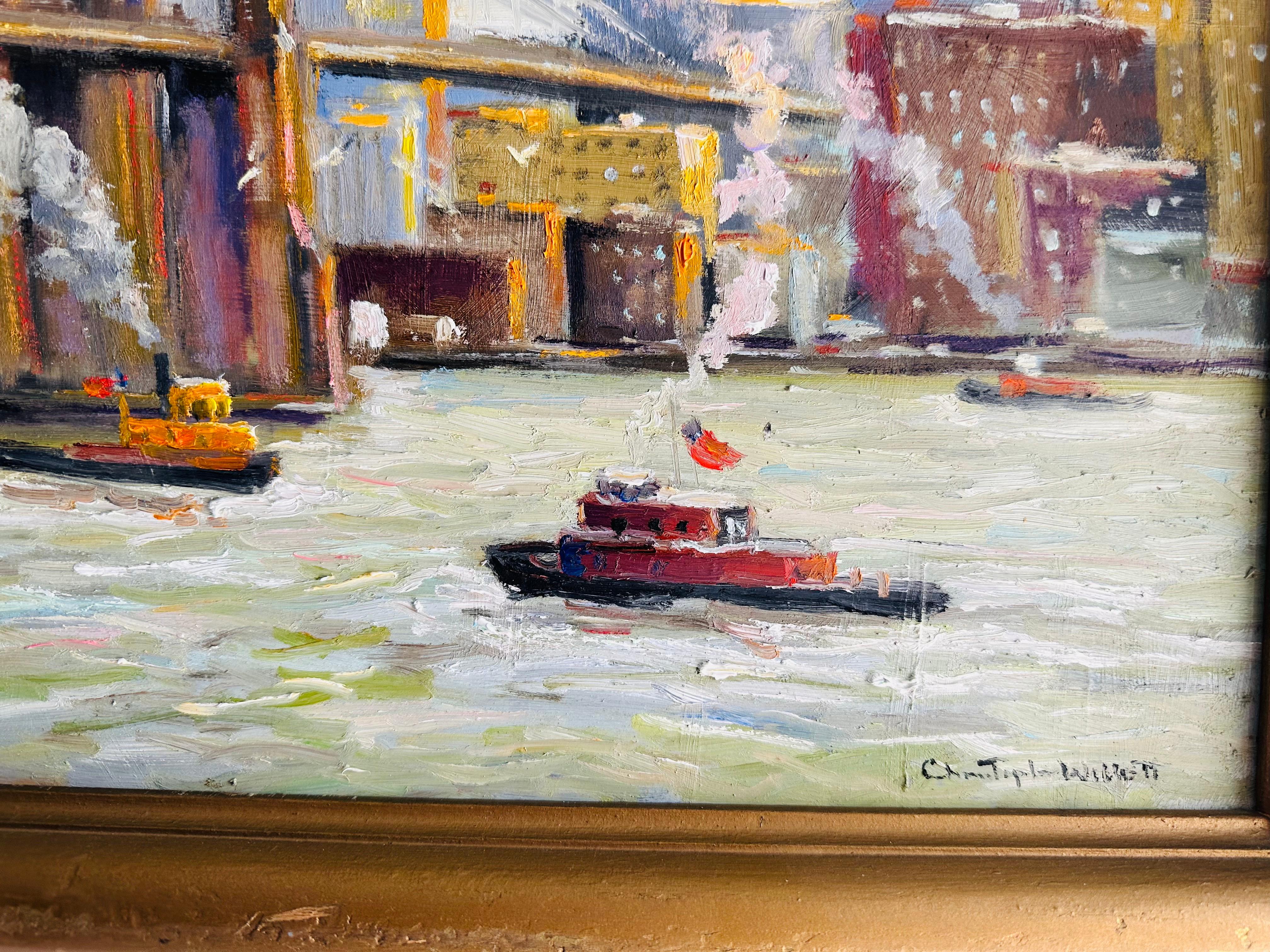 Oiled Morning on East River New York City Impressionist Bridge Boat Scene Oil Painting For Sale