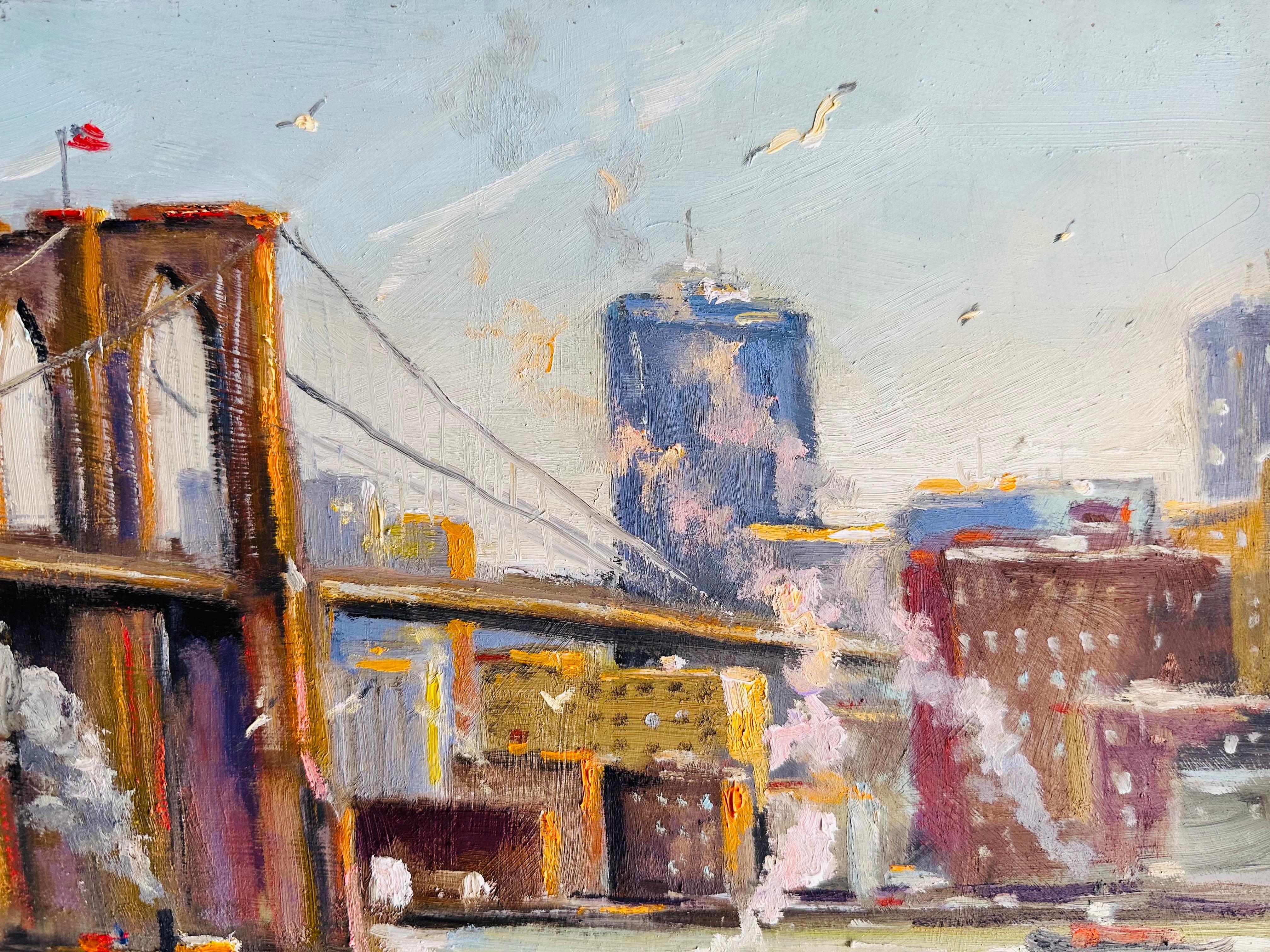 Morning on East River New York City Impressionist Bridge Boat Scene Oil Painting In Excellent Condition For Sale In Philadelphia, PA